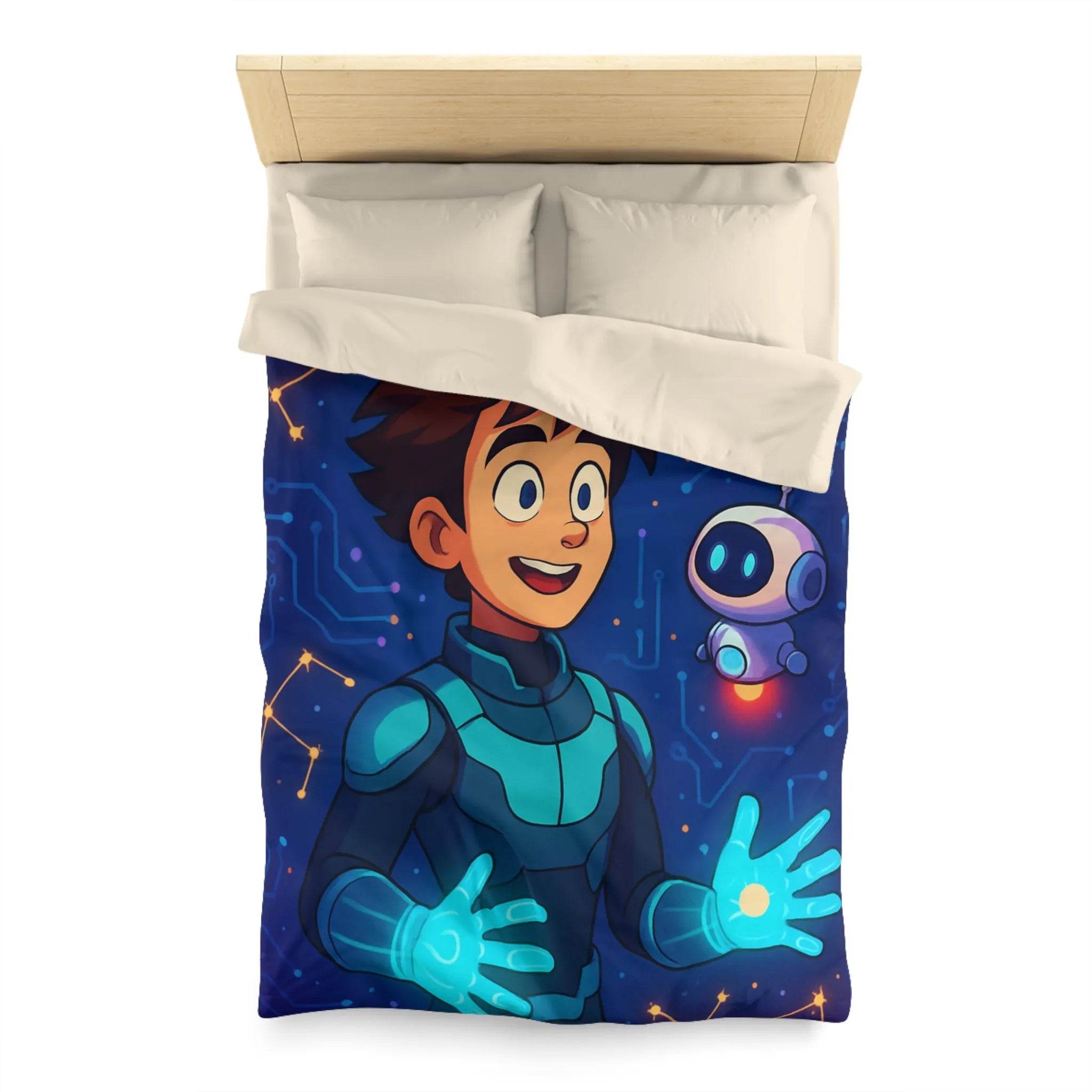 Housse de couette futuriste avec jeune héros et robot dans espace numérique éclatant