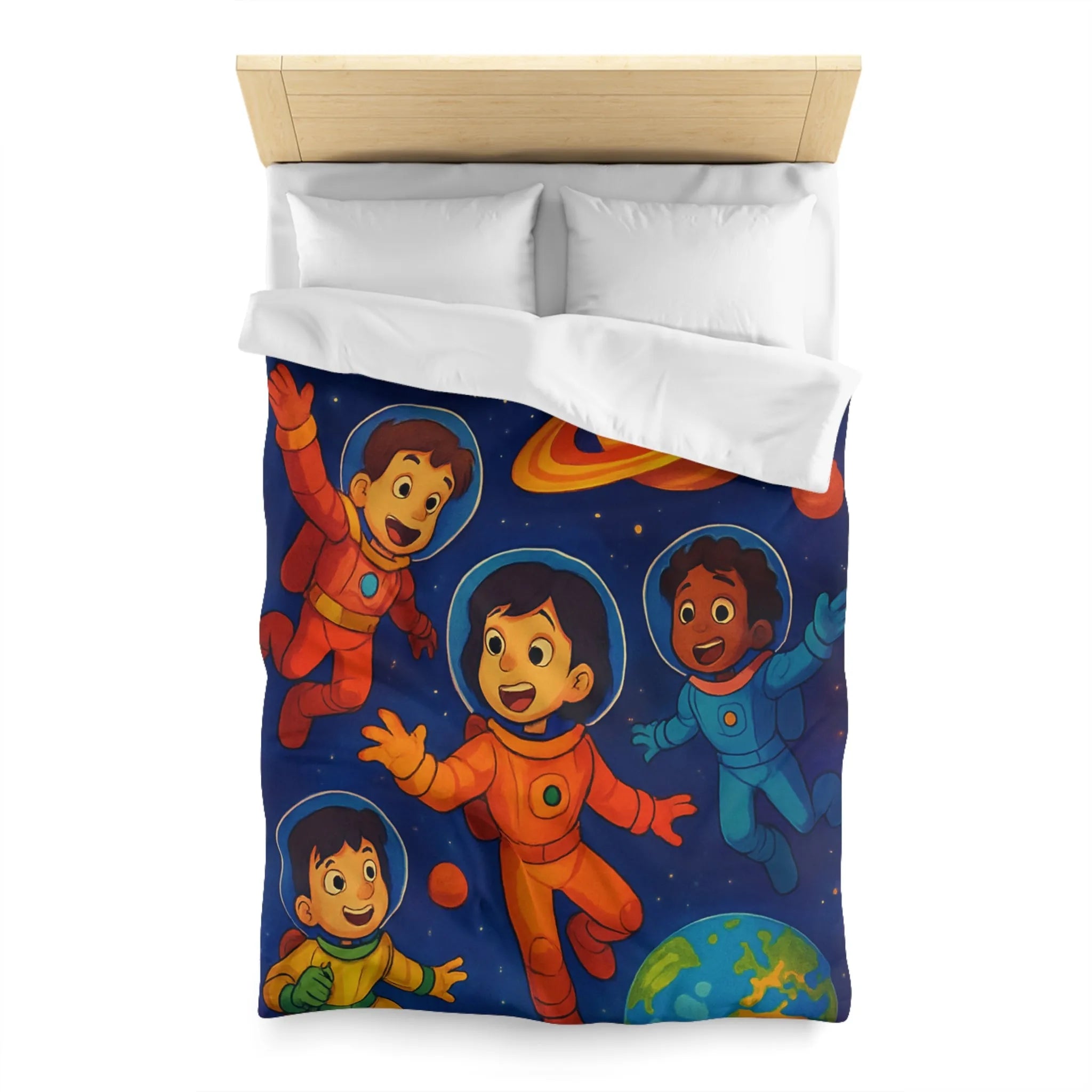 Housse de couette enfants avec astronautes joyeux flottant dans l'espace coloré et planètes