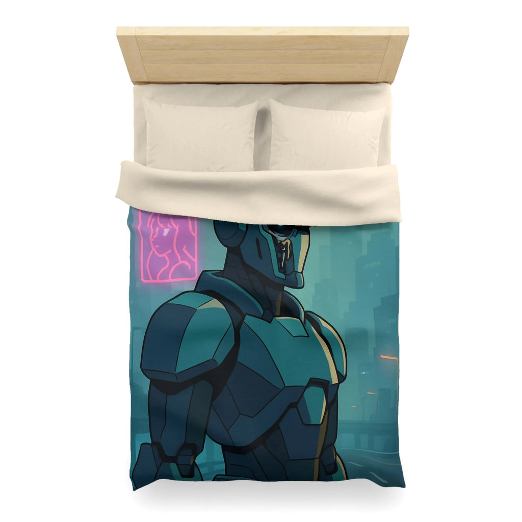 Futuristic Dystopian Cityscape with Neon Lights and Robotic Figure for Bedding Decor