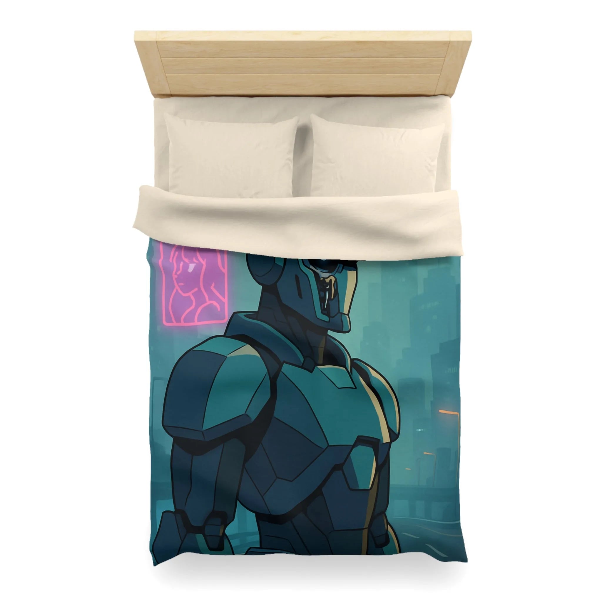 Futuristic Dystopian Cityscape with Neon Lights and Robotic Figure for Bedding Decor