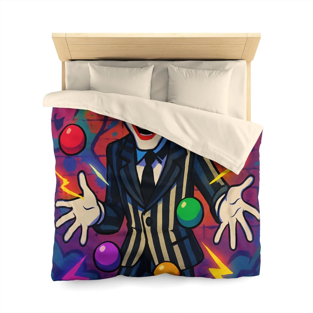 Housse de couette clown rayé jonglant avec des éclairs et des formes colorées