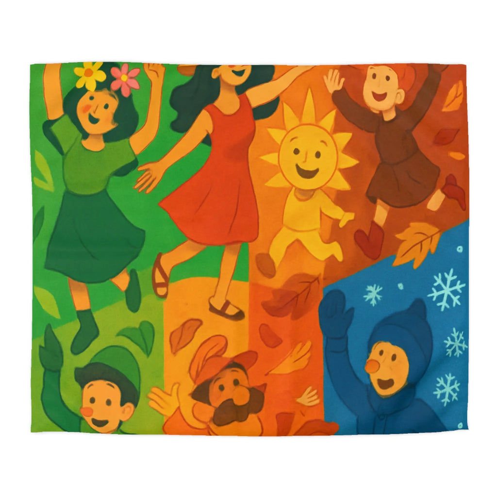 Housse de couette colorée illustrant les quatre saisons avec personnages joyeux et motifs vibrants