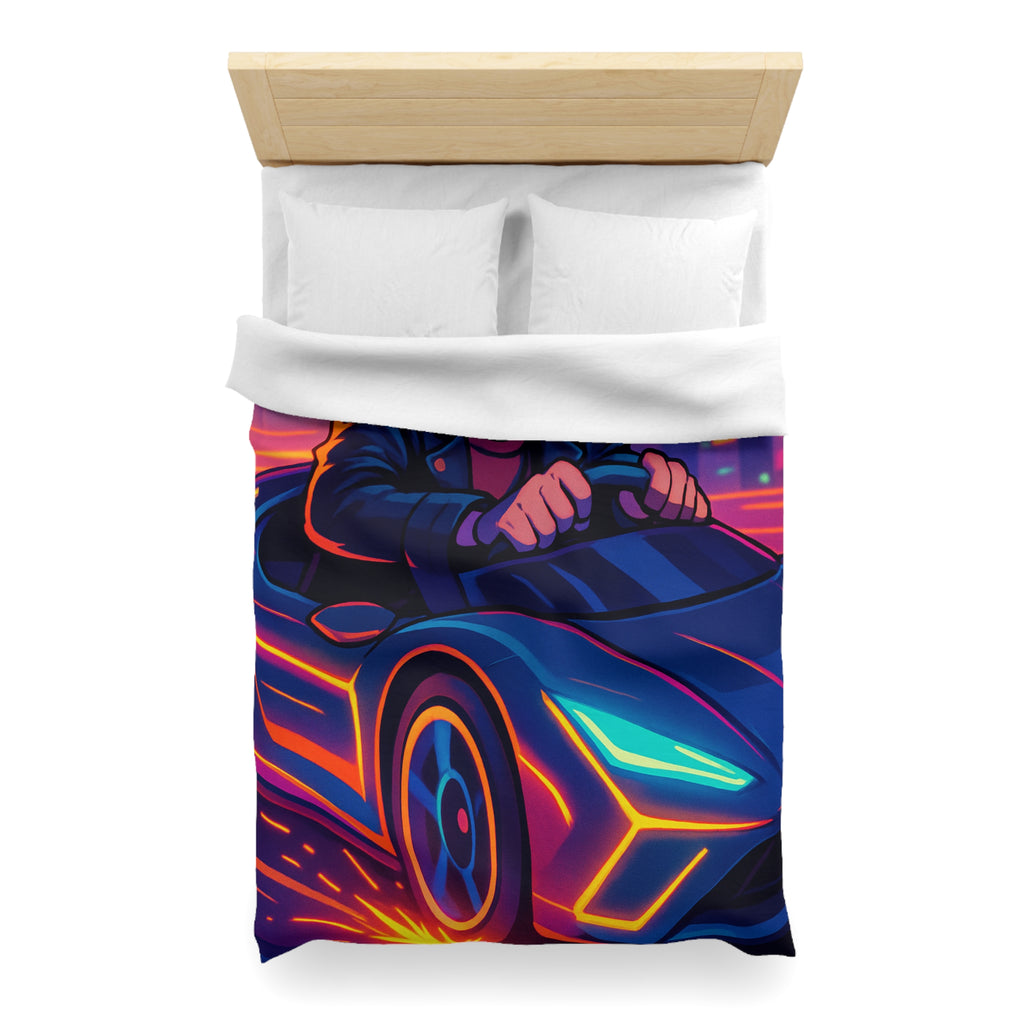 Housse de couette urbaine rétro futuriste avec néons et voiture sportive élégante