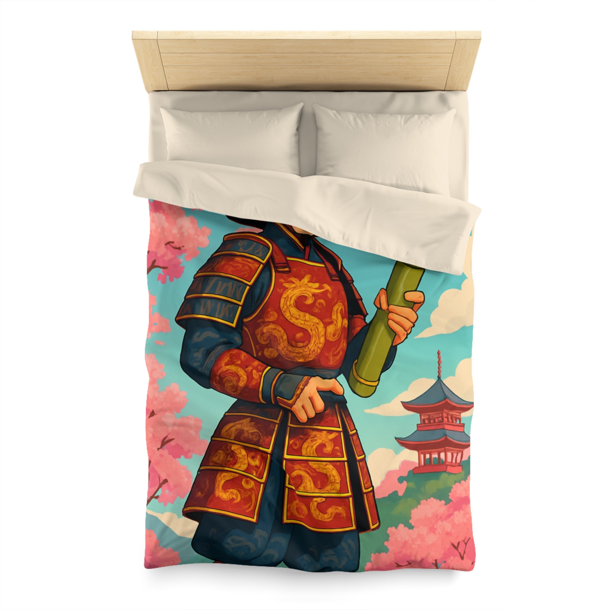 Housse de Couette Samouraï Japonais avec Armure Traditionnelle et Cerisiers en Fleurs