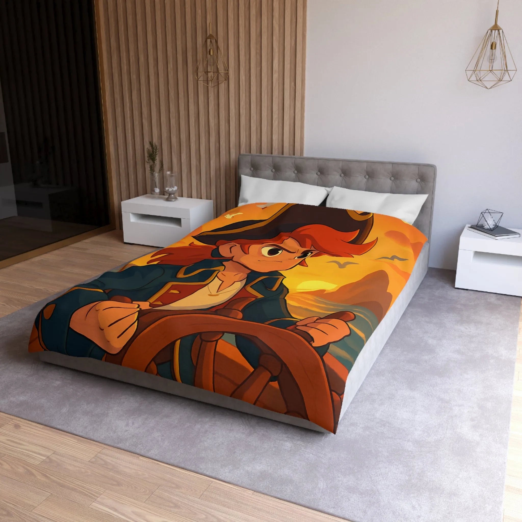 Housse de couette avec illustration pirate dessin animé, navire au coucher du soleil