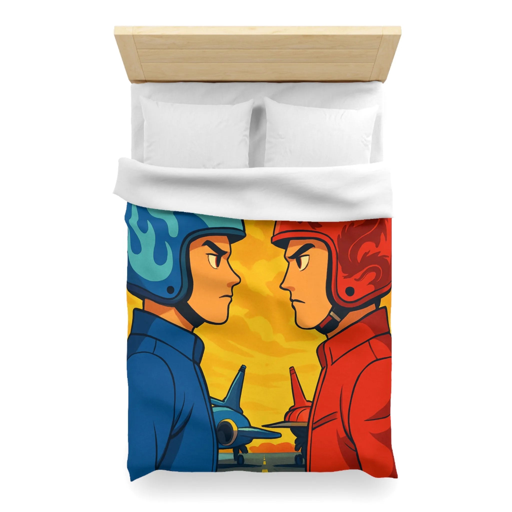 Housse de couette colorée avec deux pilotes et jets sur fond flamboyant