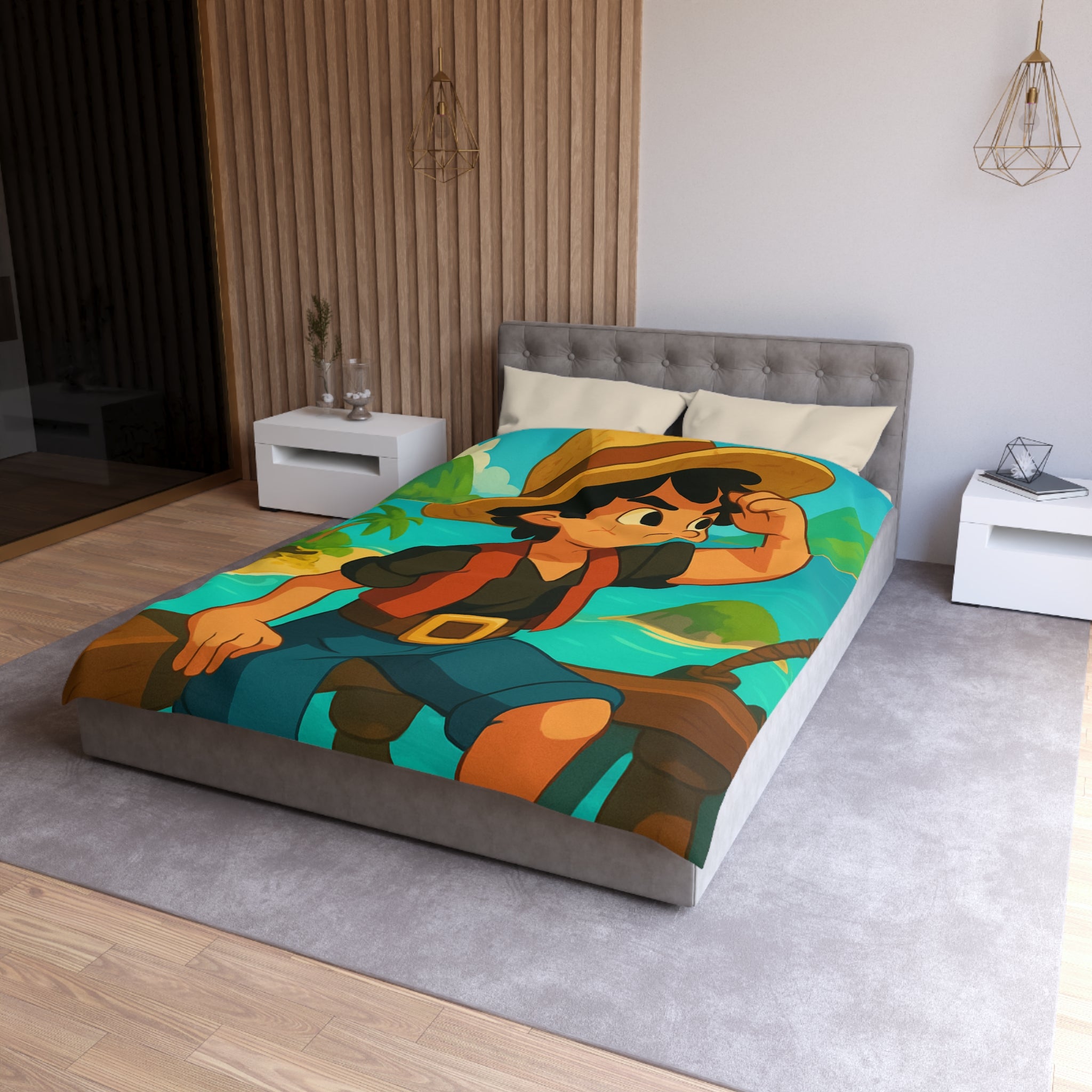 Housse de couette tropicale enfant avec pirate aventurier sur fond d'île paradisiaque