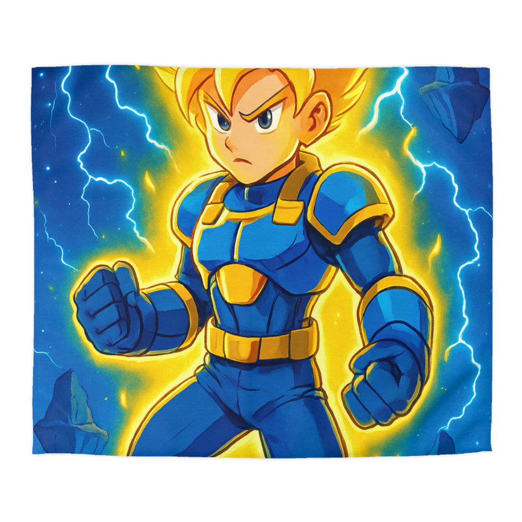 Housse de couette vibrante avec héros en armure bleue et rayons lumineux intenses