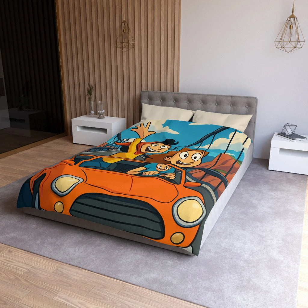 Housse de couette colorée avec illustration de famille en voiture sur pont suspendu