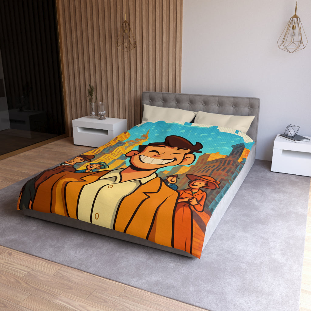 Housse de couette vintage avec personnages souriants et architecture urbaine en arrière-plan