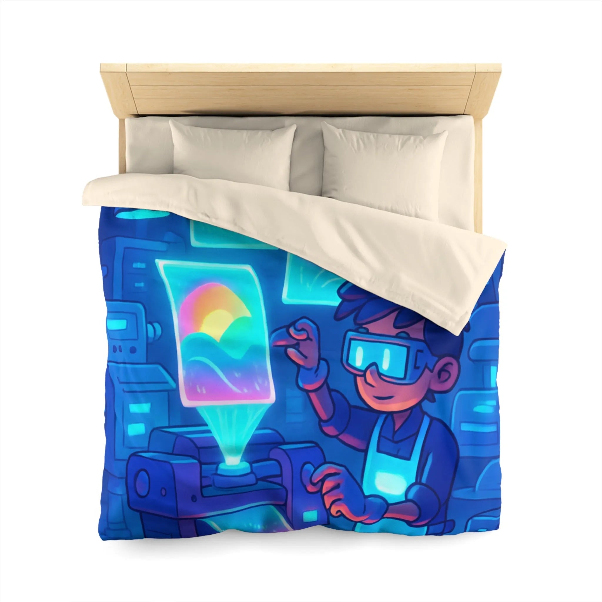Housse de couette avec design futuriste lumineux d'imprimante et personnage créatif