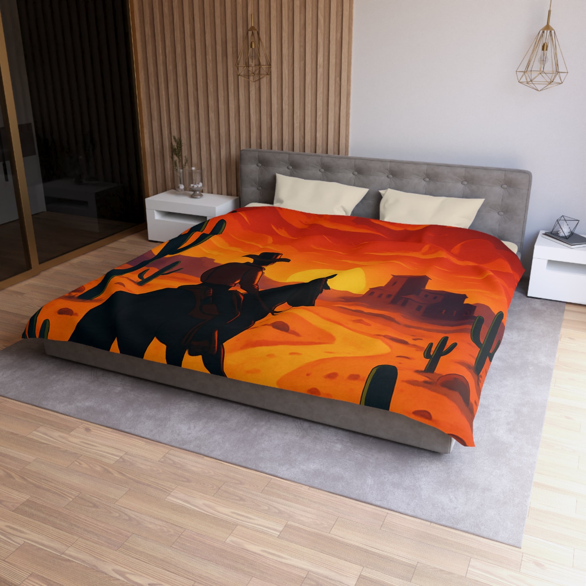 Housse de Couette Stylée Désert Crépusculaire avec Cowboy et Cactus Silhouettes