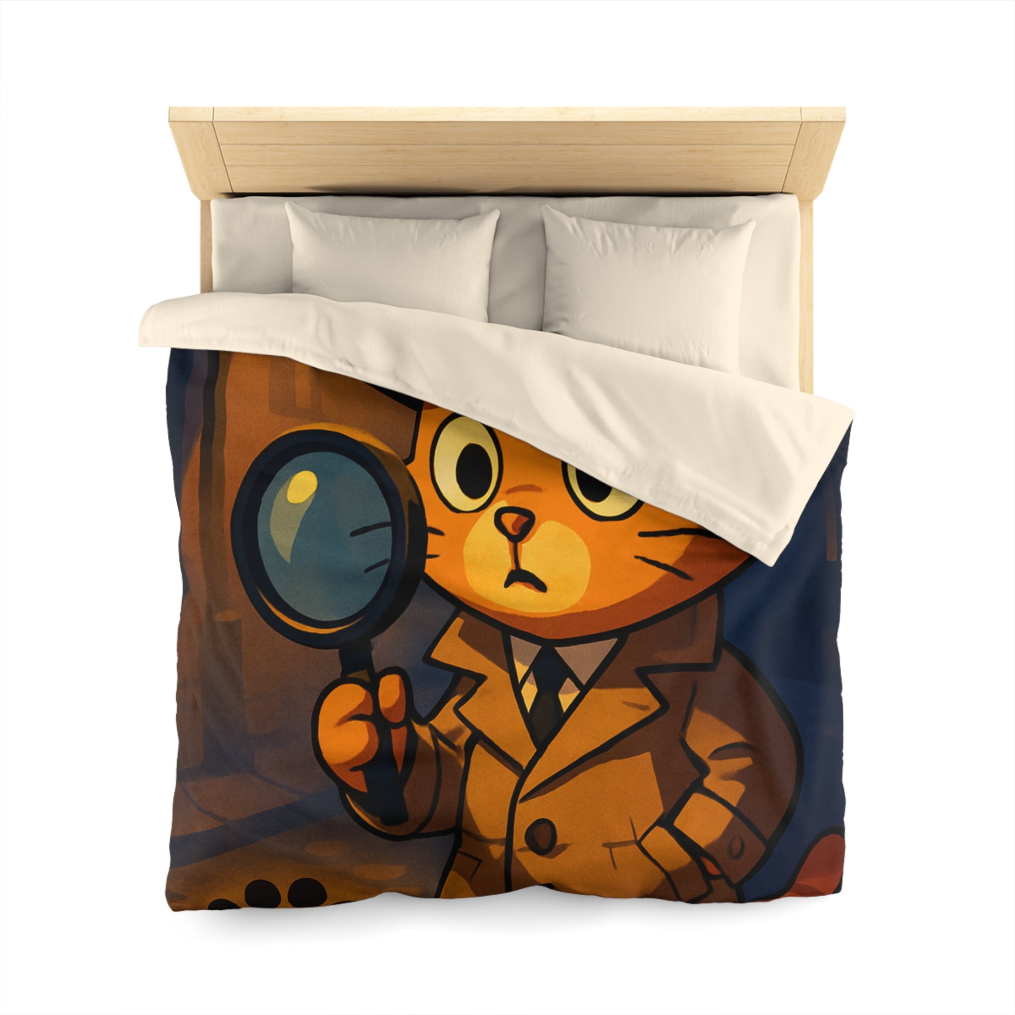 Housse de couette motif chat détective illustré avec lampe et empreinte mystérieuse