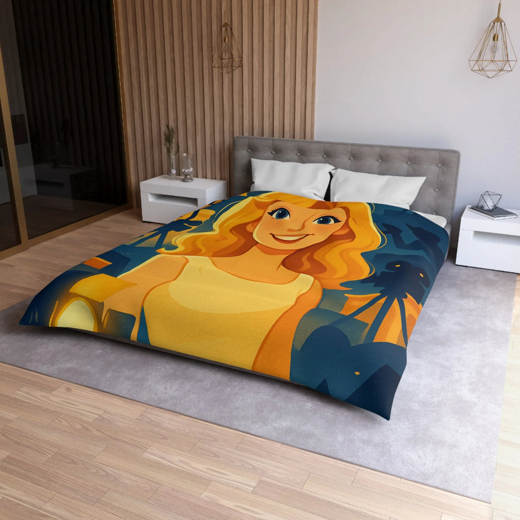 Housse de couette avec scène de tournage glamour et personnages stylisés illuminés