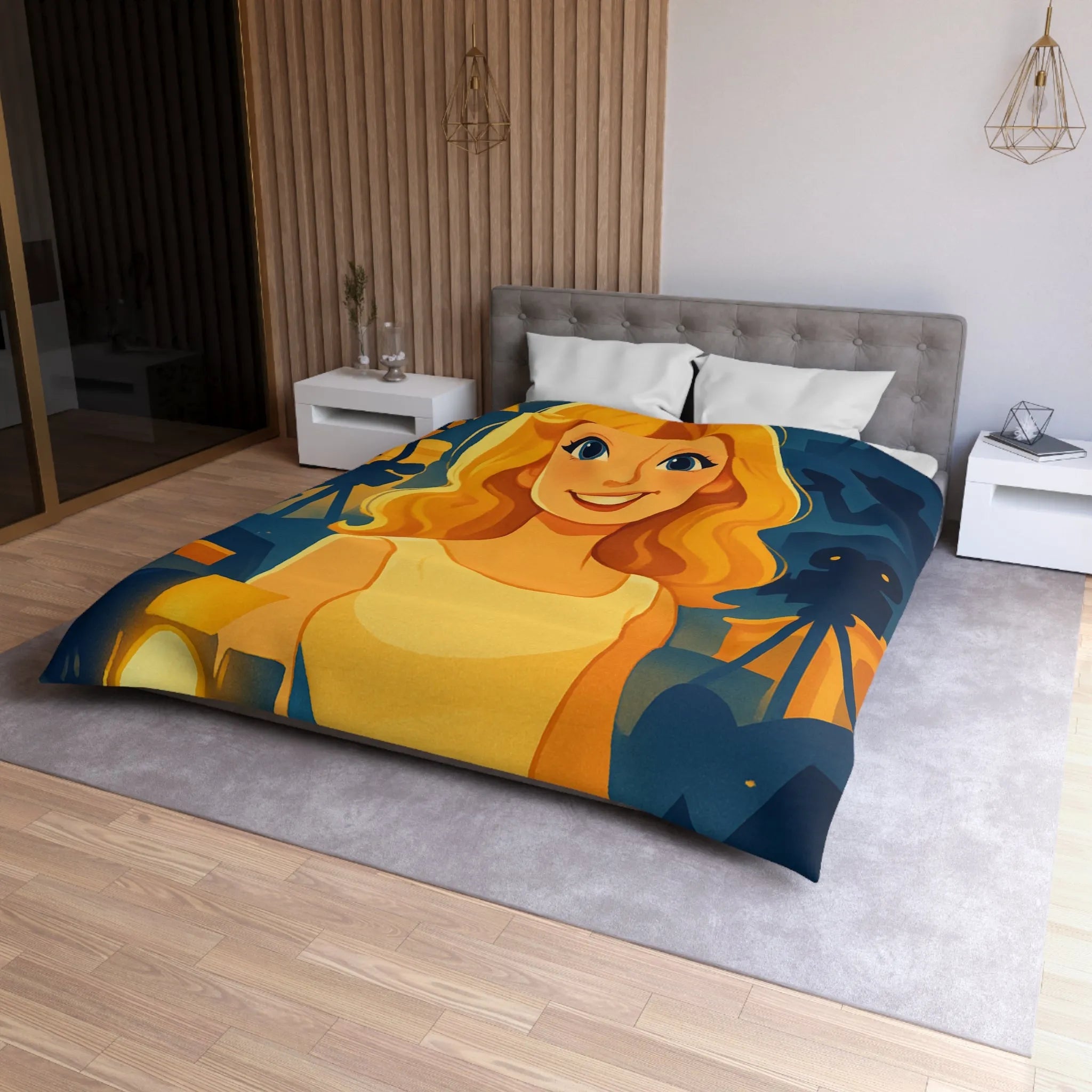 Housse de couette avec scène de tournage glamour et personnages stylisés illuminés