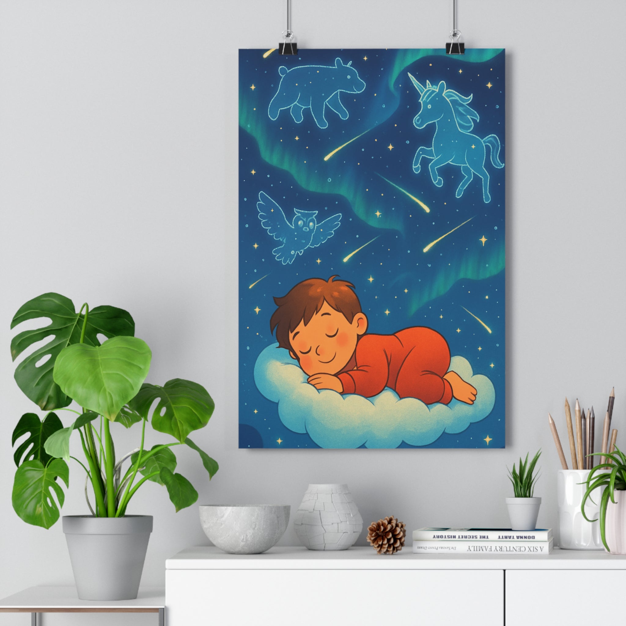 Poster décoratif onirique enfant chambre apaisant magique bleu doux nuage constellation licorne hibou ours