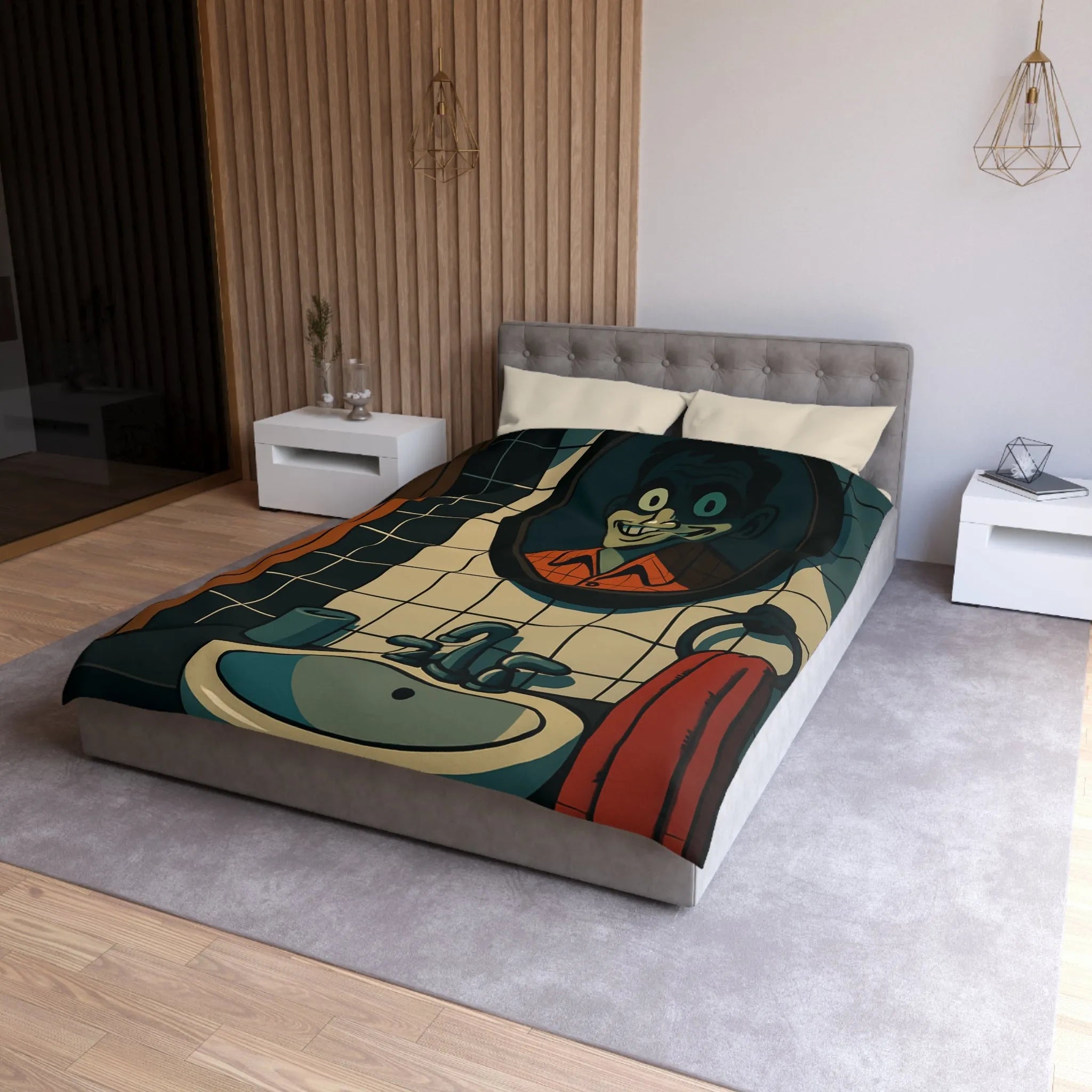 Housse de couette graphique avec dessin animé miroir effrayant et carreaux de salle de bain