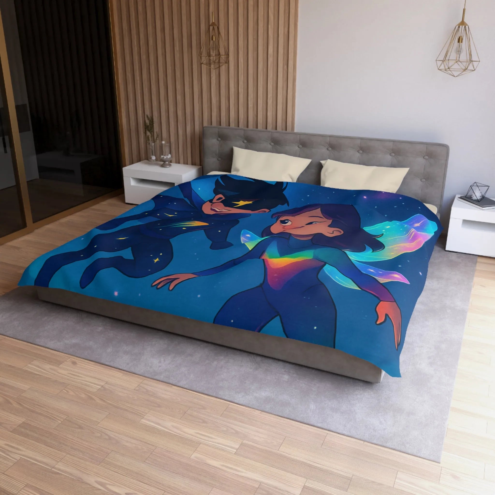 Housse de couette enfant illustrant super-héros lumineux volant au-dessus d’une ville étoilée