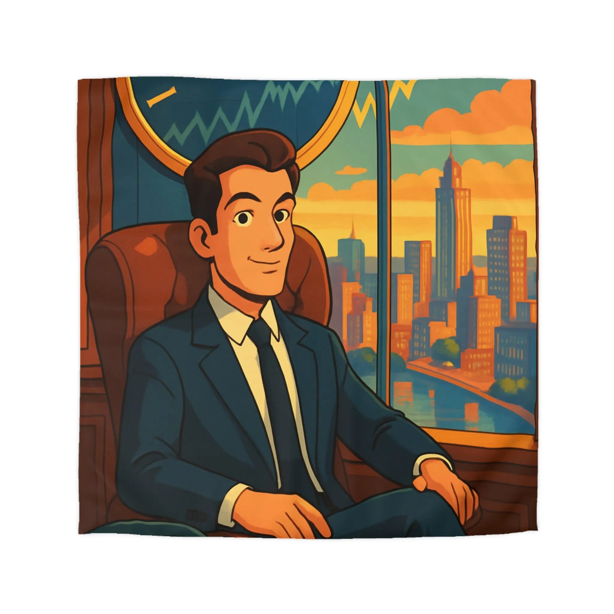 Élégante housse de couette avec homme d'affaires et horizon urbain stylisé en coucher de soleil