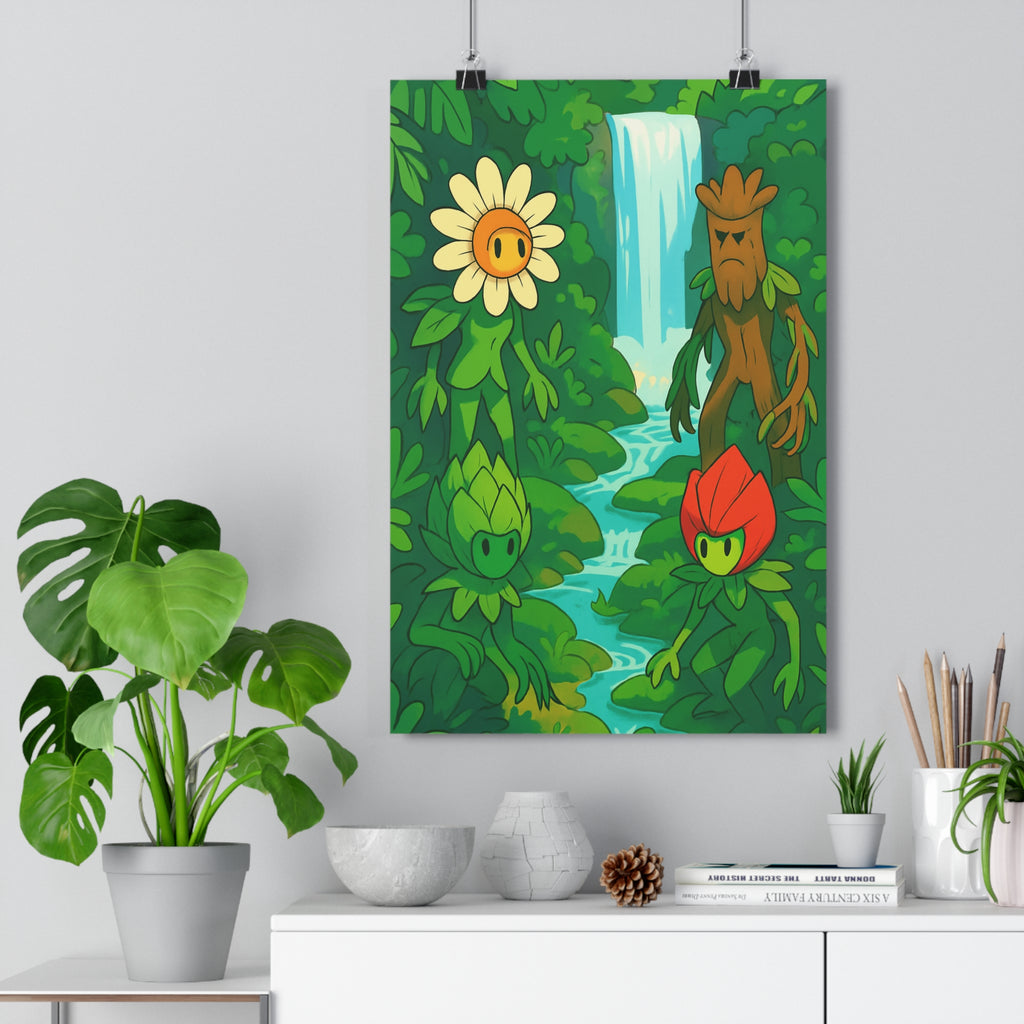 Poster décoratif cartoon vert bleu enfant nature forêt joyeux écologique cascade créatures personnages protecteurs