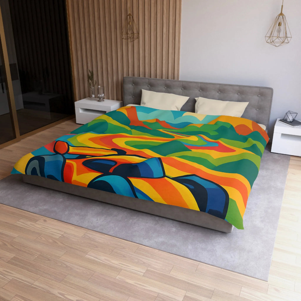 Housse de Couette Colorée avec Voiture de Course et Collines Arc-en-ciel Ensoleillées