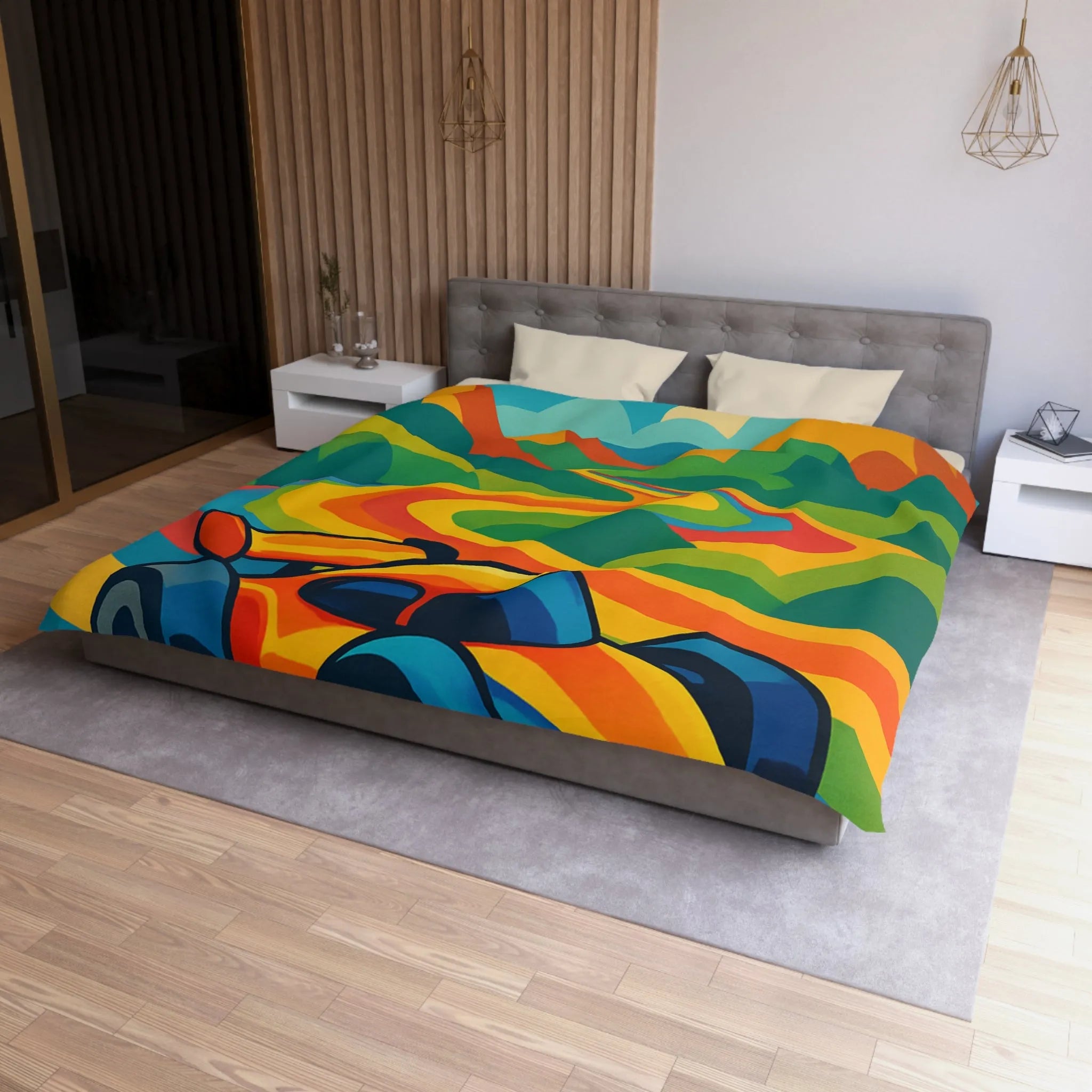 Housse de Couette Colorée avec Voiture de Course et Collines Arc-en-ciel Ensoleillées