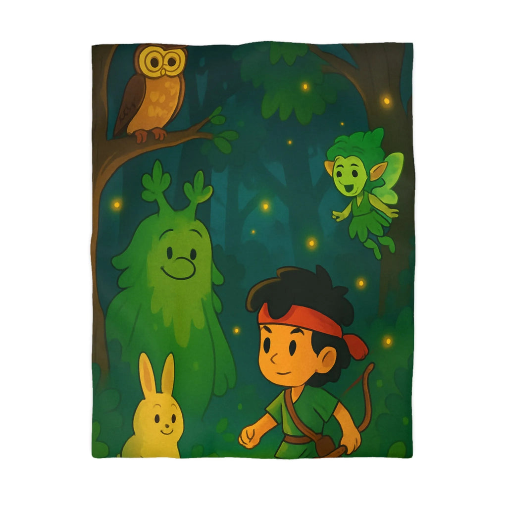 Housse de couette enfant illustrée avec scène de forêt enchantée et personnages magiques