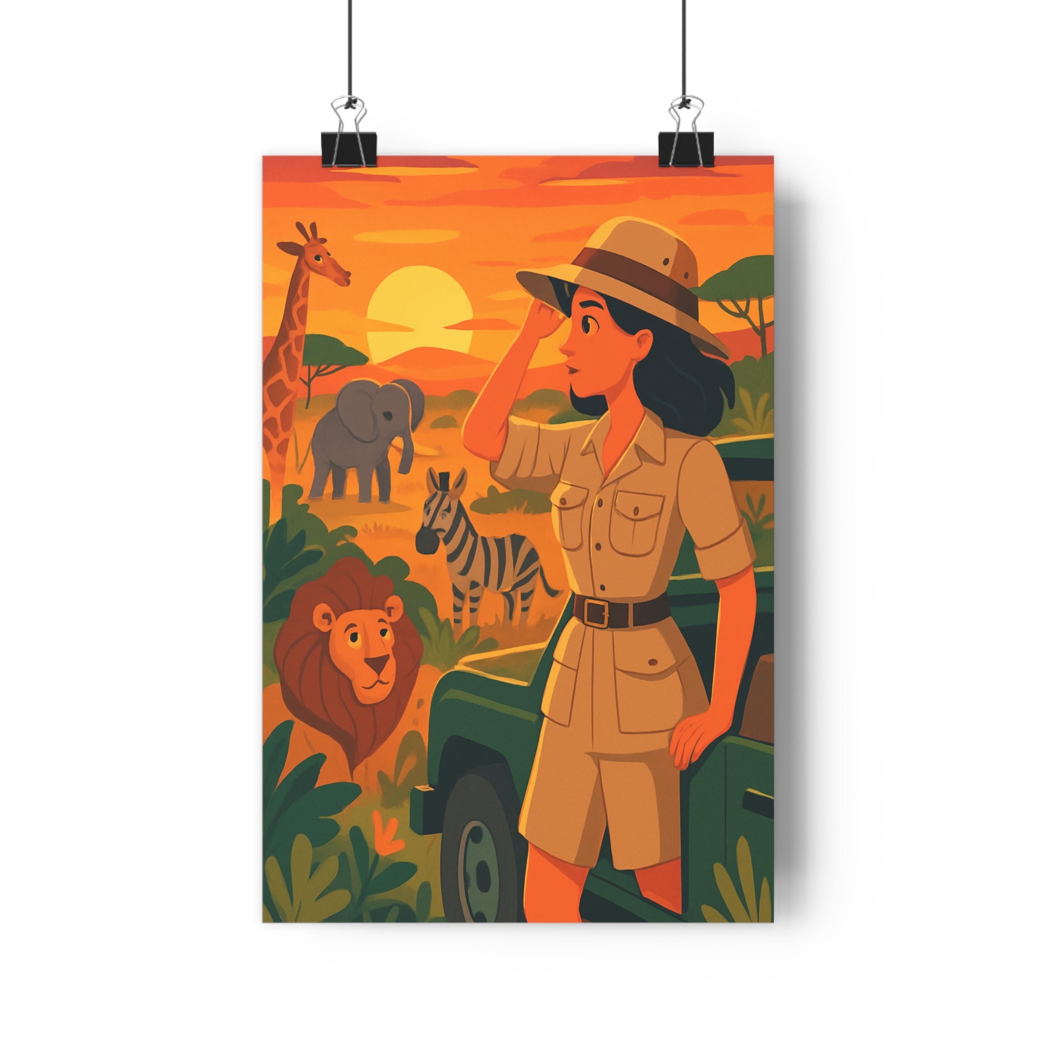 Poster décoratif cartoon aventure animaux africains femme exploratrice lumineux couleurs chaudes chambre enfant salon