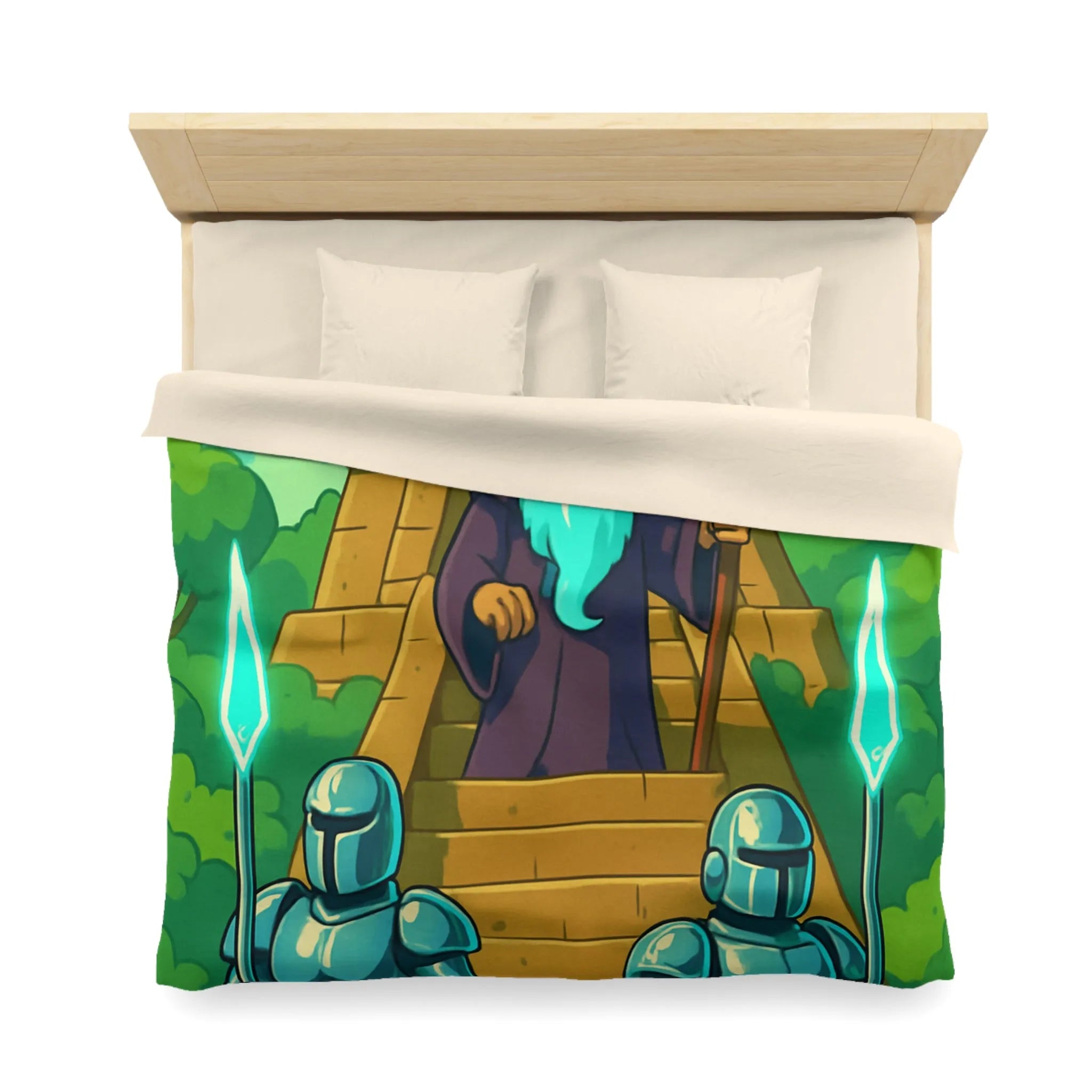 Enchanted Pyramid Landscape with Wizard and Glowing Guardians for Magical Bedding Decor