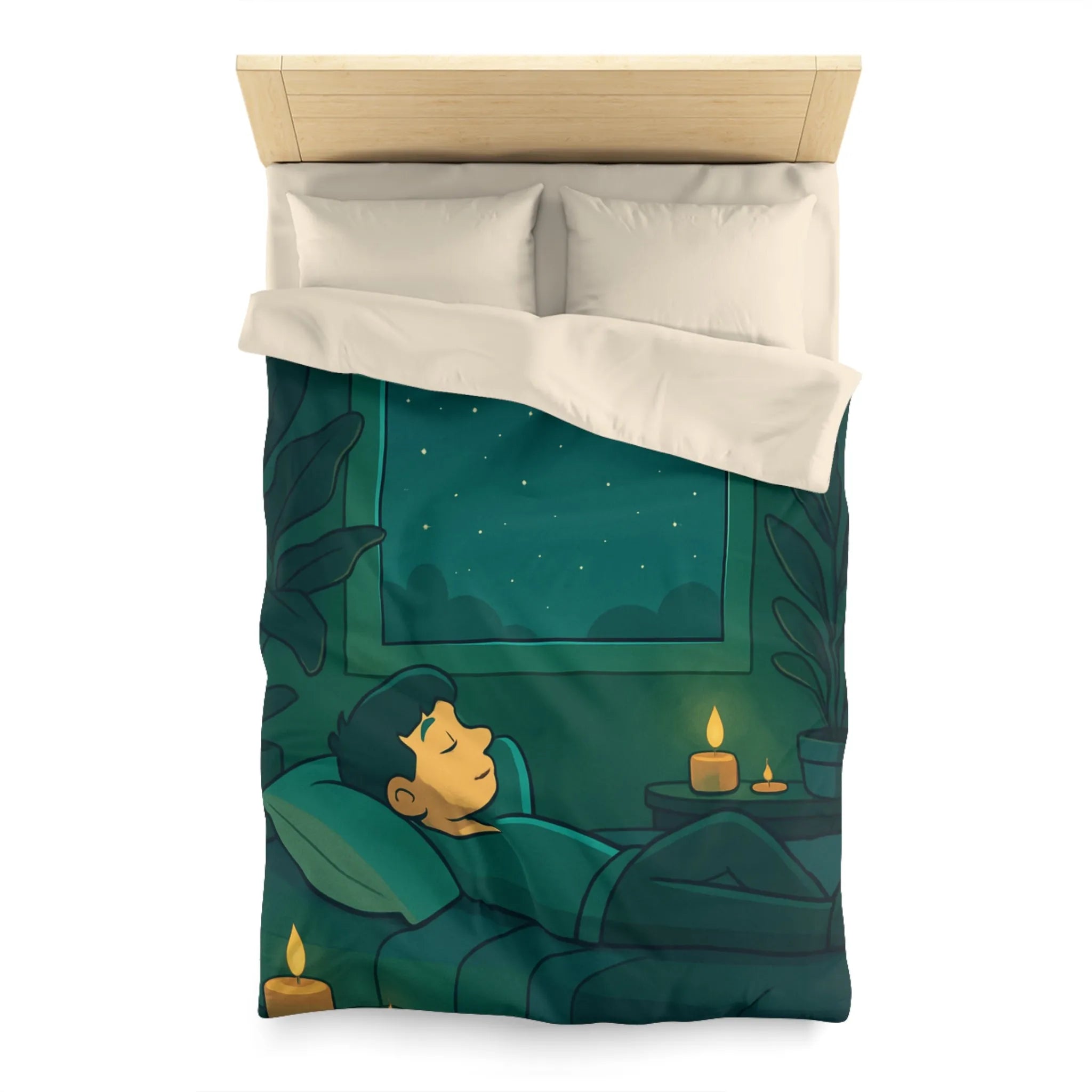 Housse de Couette Apaisante Nuit Étoilée Lune et Plantes Décoratives Ambiance Zen Chambre