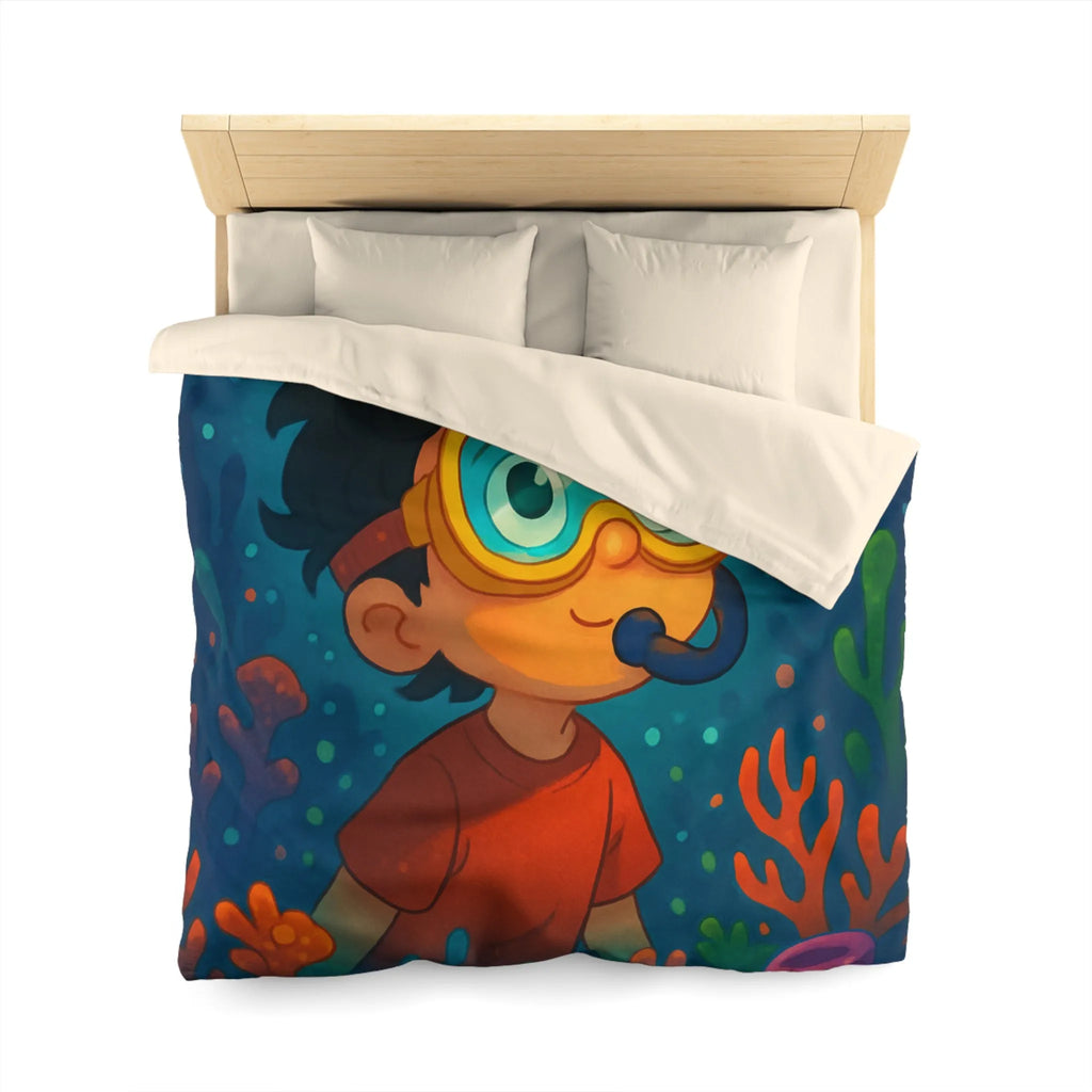 Housse de couette enfantine avec motif sous-marin coloré poisson et garçon plongeur dessiné