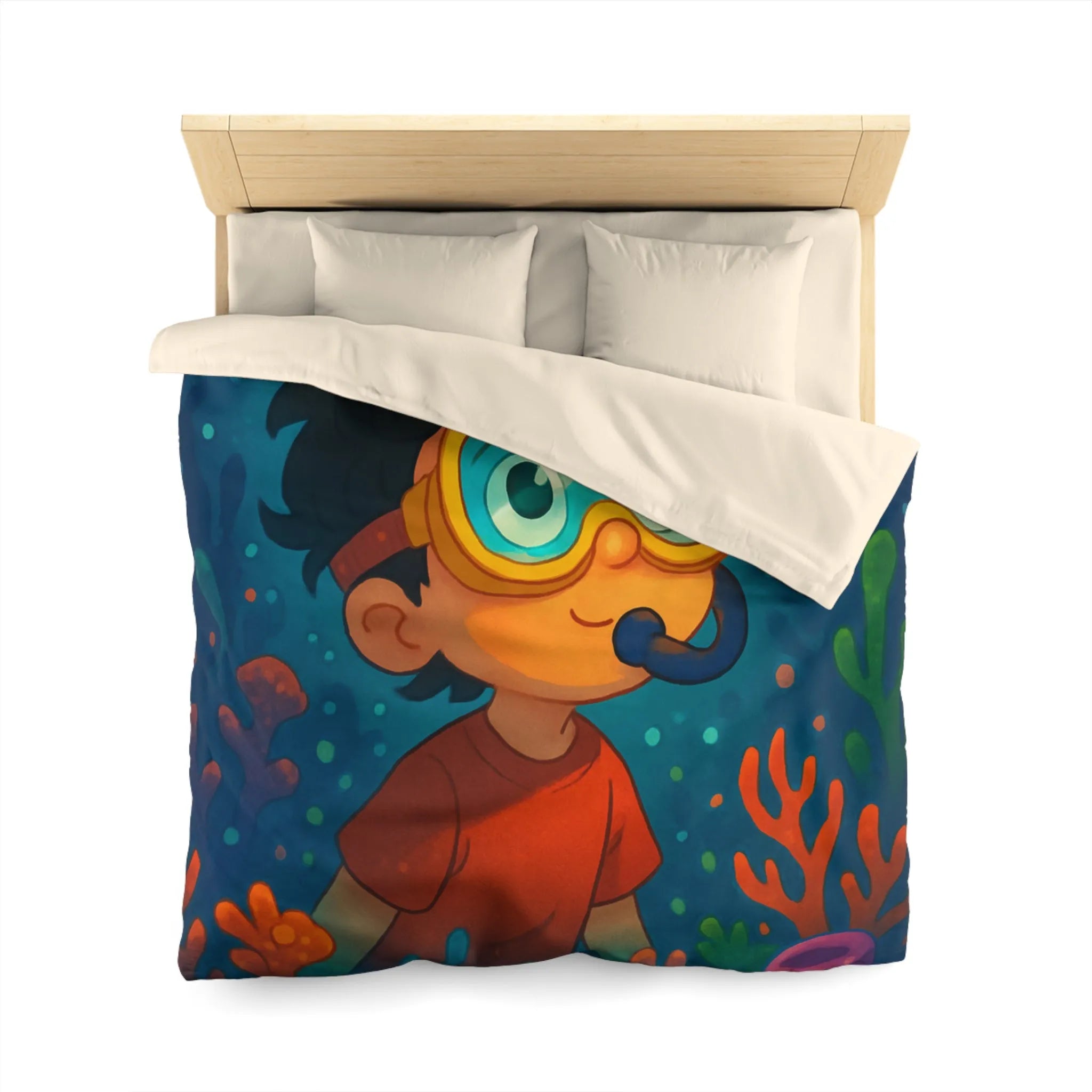 Housse de couette enfantine avec motif sous-marin coloré poisson et garçon plongeur dessiné