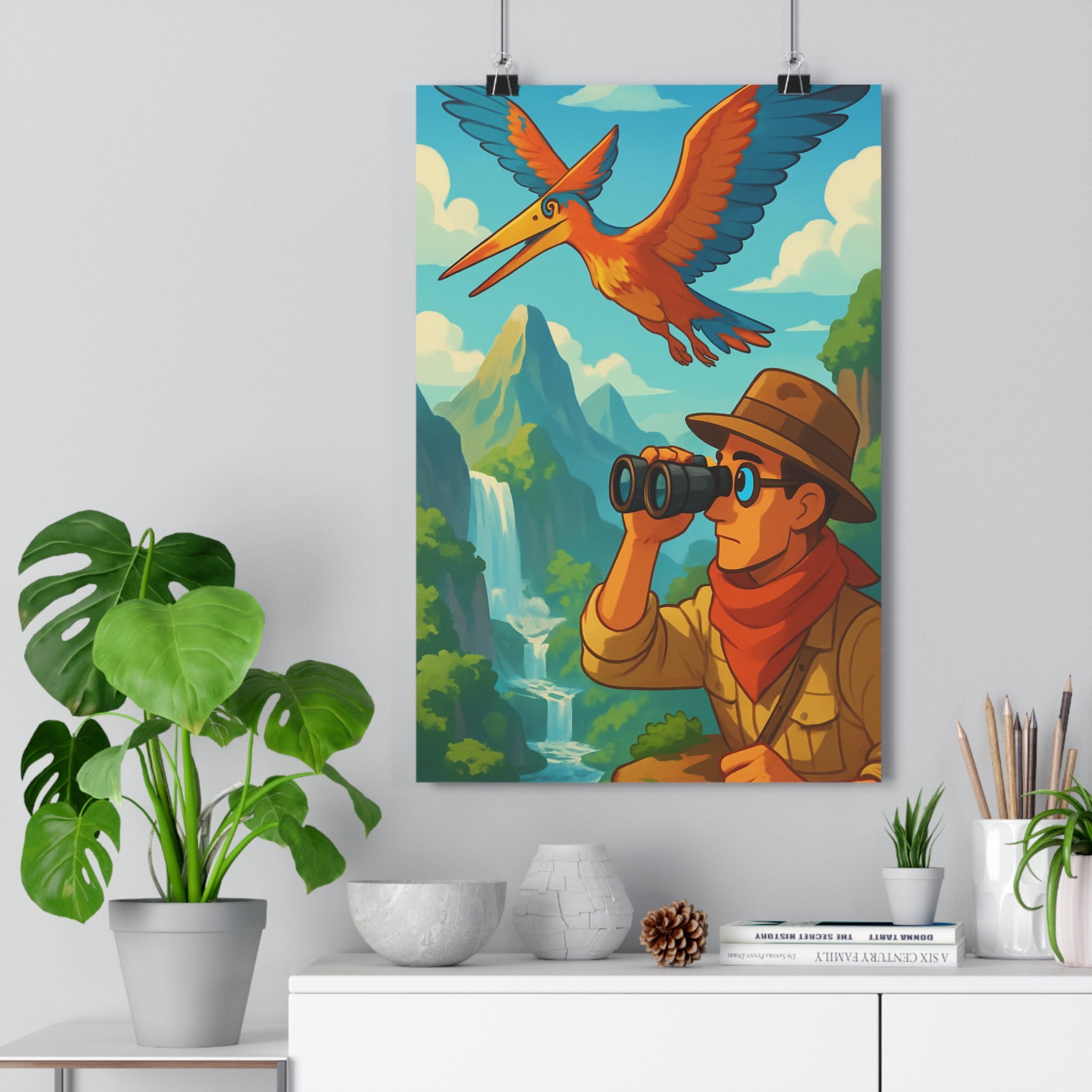 Poster décoratif aventure jungle manga bleu orange explorateur cascade nature dynamique vibrant chambre salon
