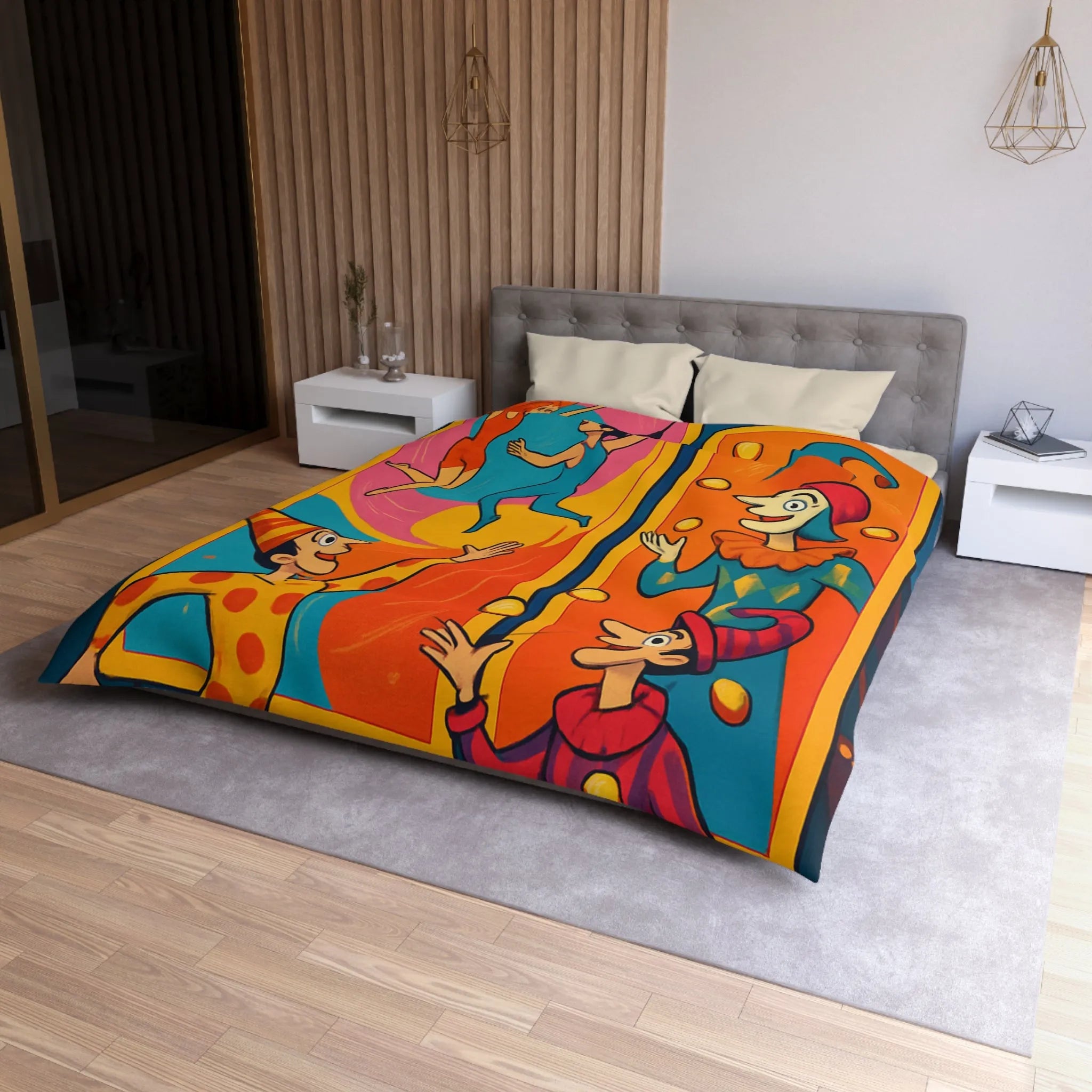 Housse de couette colorée avec jongleurs et acrobates, ambiance festive et joyeuse