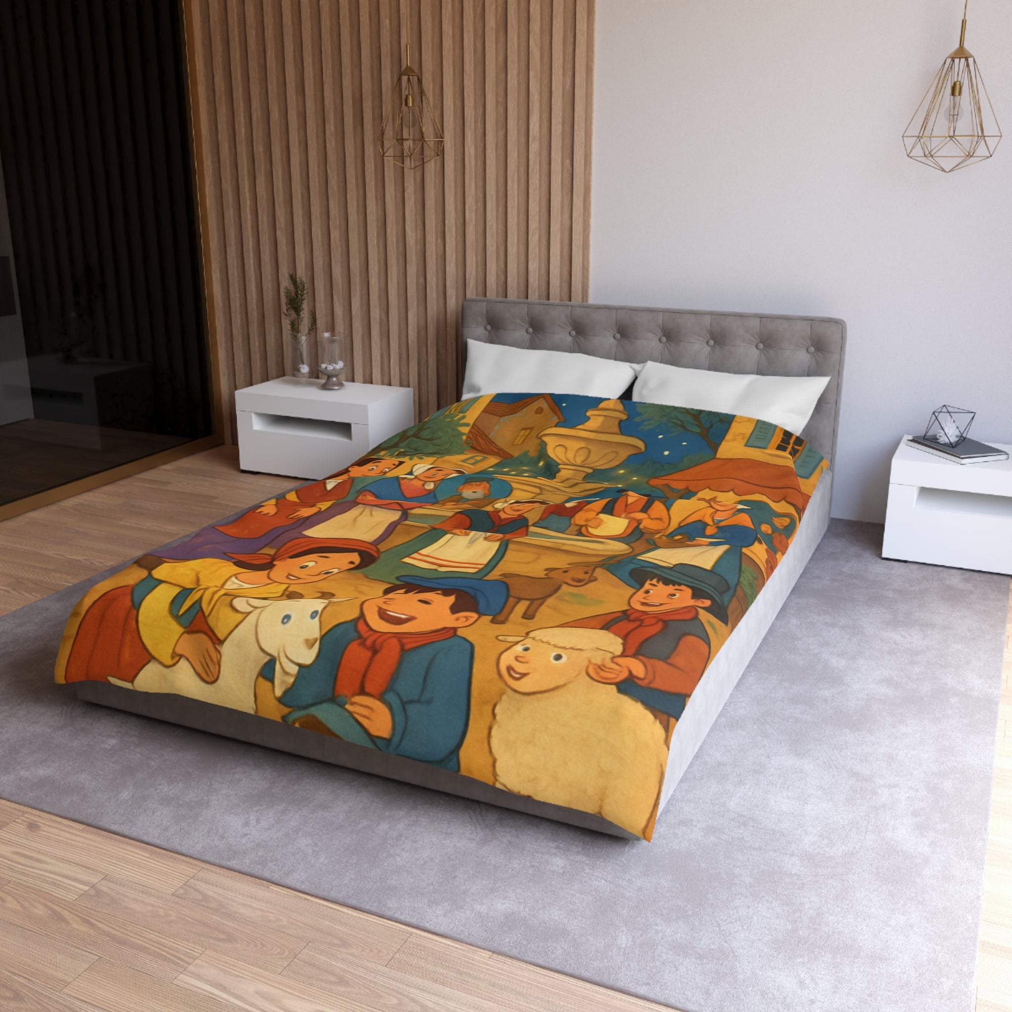 Housse de couette pour enfants avec scène villageoise festive et animaux mignons joyeux