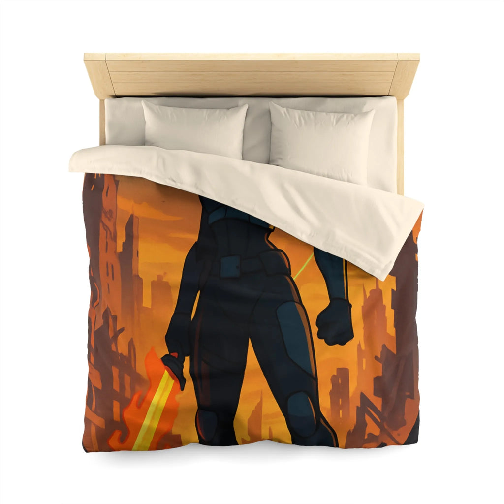 Housse de couette héroïque avec guerrier futuriste, drones volants et paysage apocalyptique