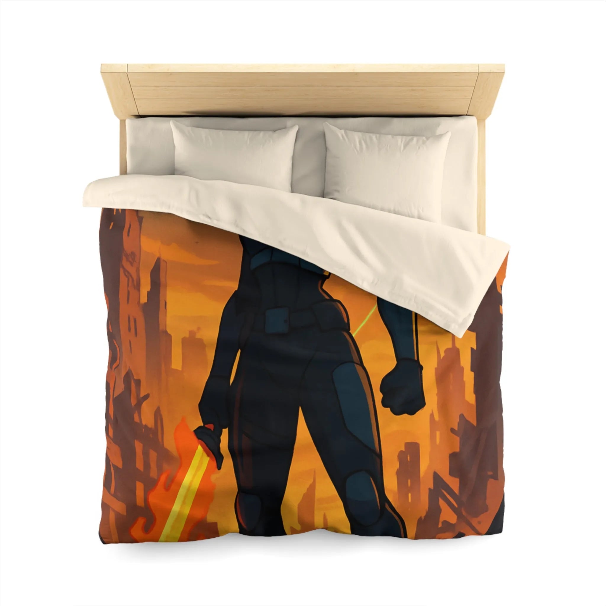 Housse de couette héroïque avec guerrier futuriste, drones volants et paysage apocalyptique