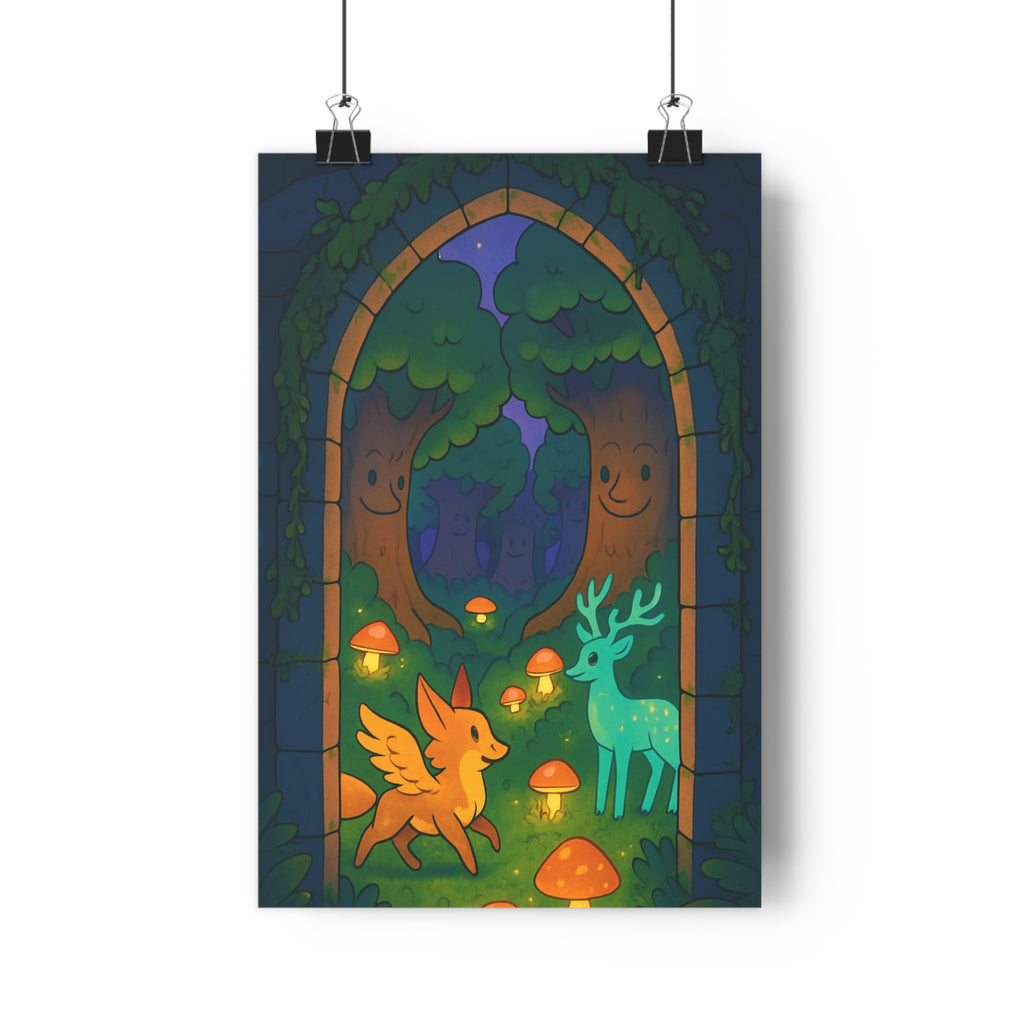 Poster décoratif forêt enchantée bleu vert orange magique mystique chambre enfant salon art design