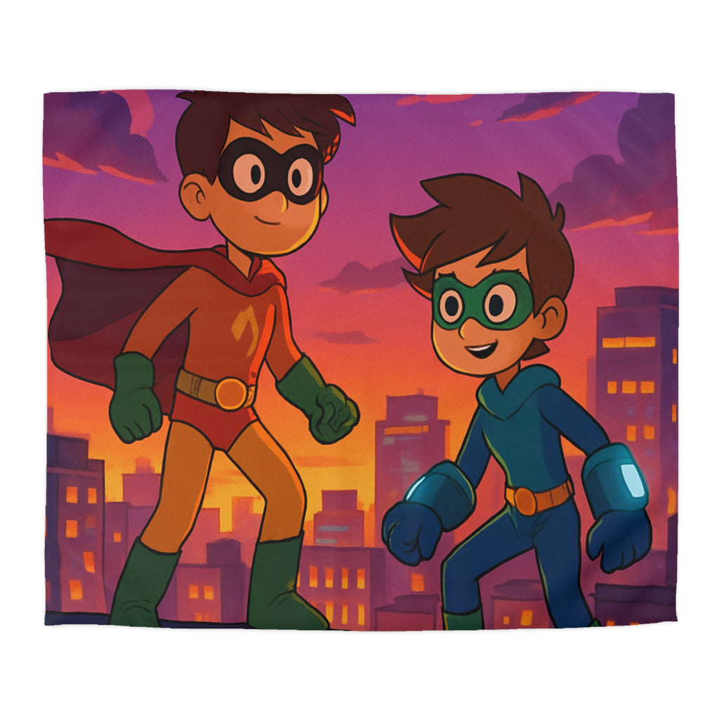 Housse de couette pour enfants avec deux jeunes super-héros au coucher du soleil