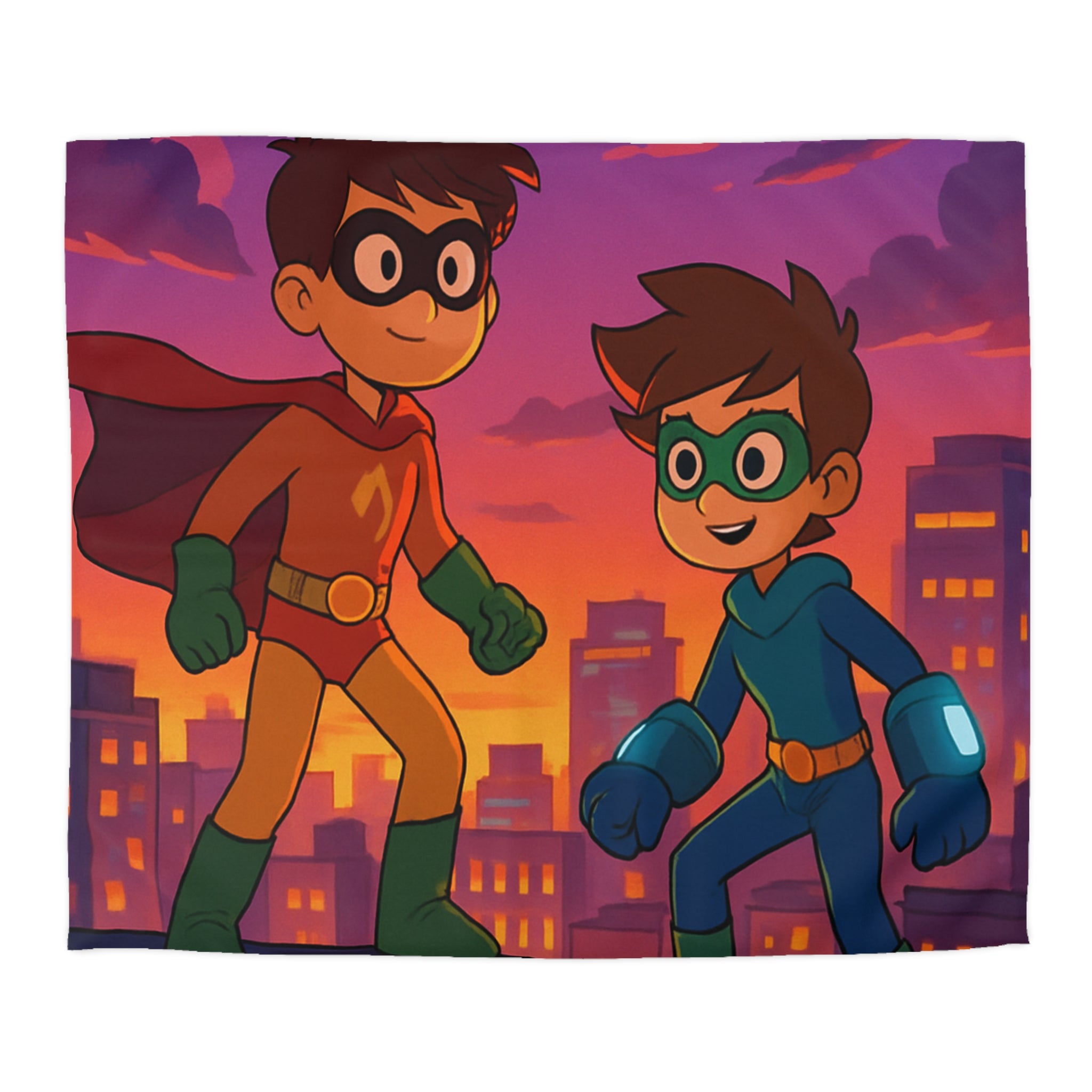 Housse de couette pour enfants avec deux jeunes super-héros au coucher du soleil
