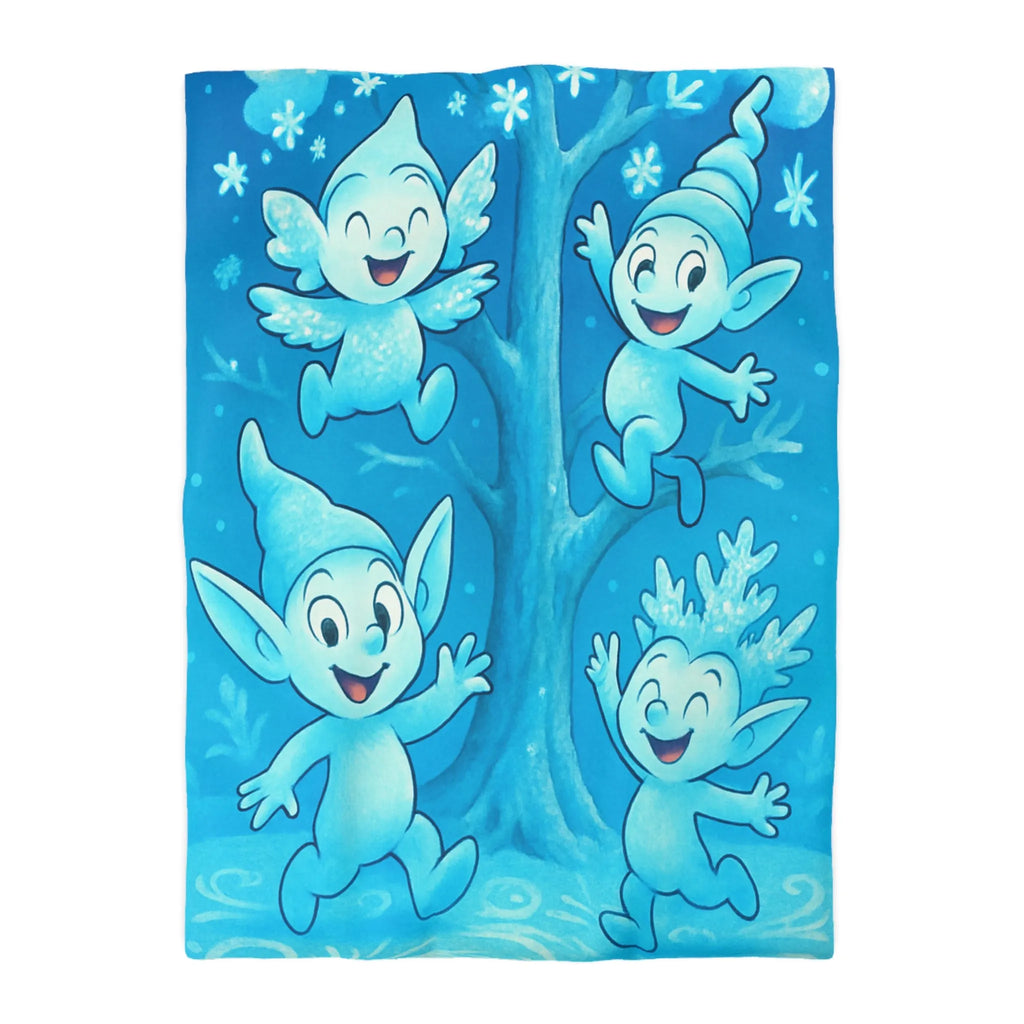 Housse de couette féerique avec lutins bleus dans forêt enchantée hivernale et magique