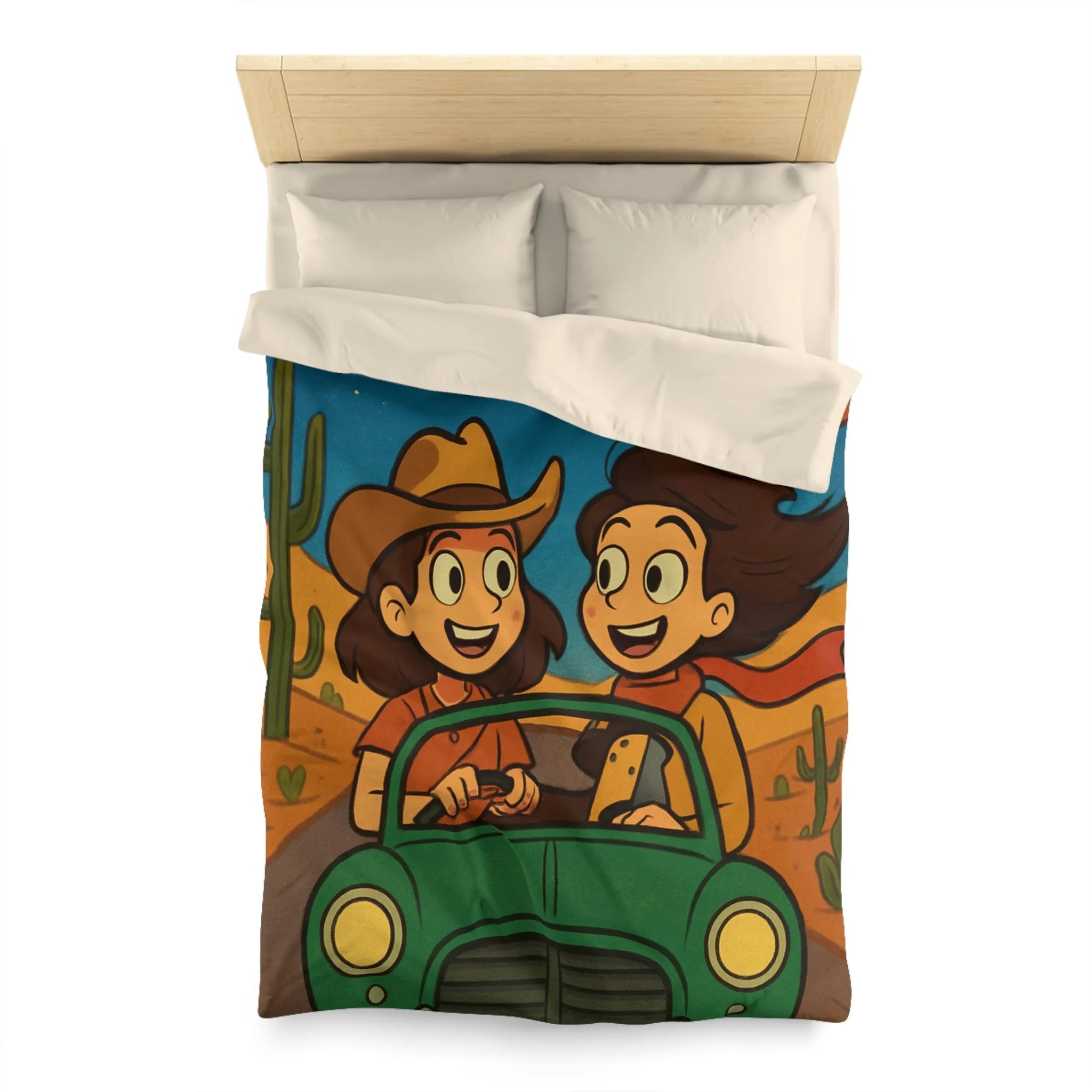 Ensemble Road Trip Enfants Désert Nuit Étoilée Voiture Verte Amusante Illustration Vintage