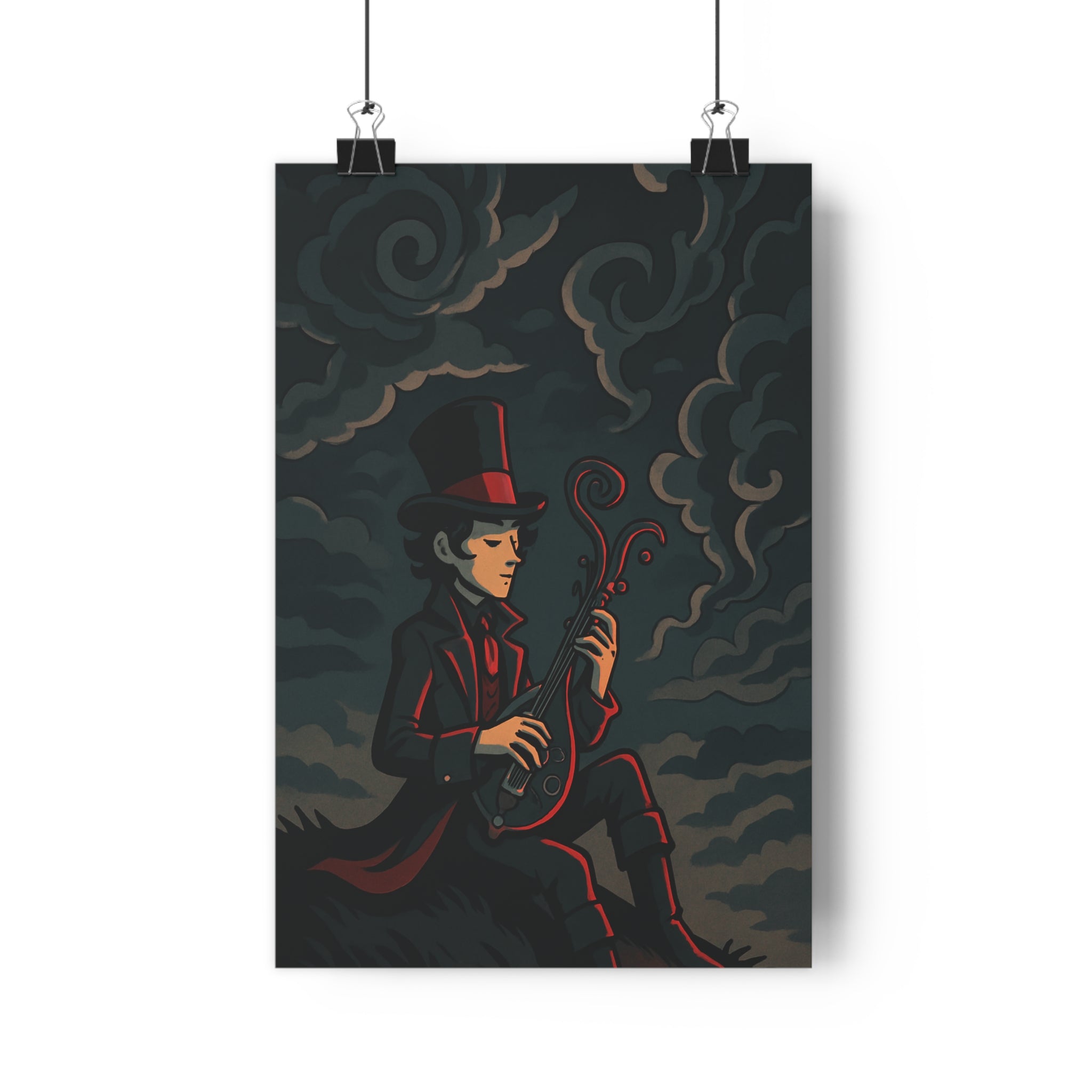 Poster décoratif gothique victorien bleu rouge salon mystérieux dramatique musique homme instrument artistique élégant