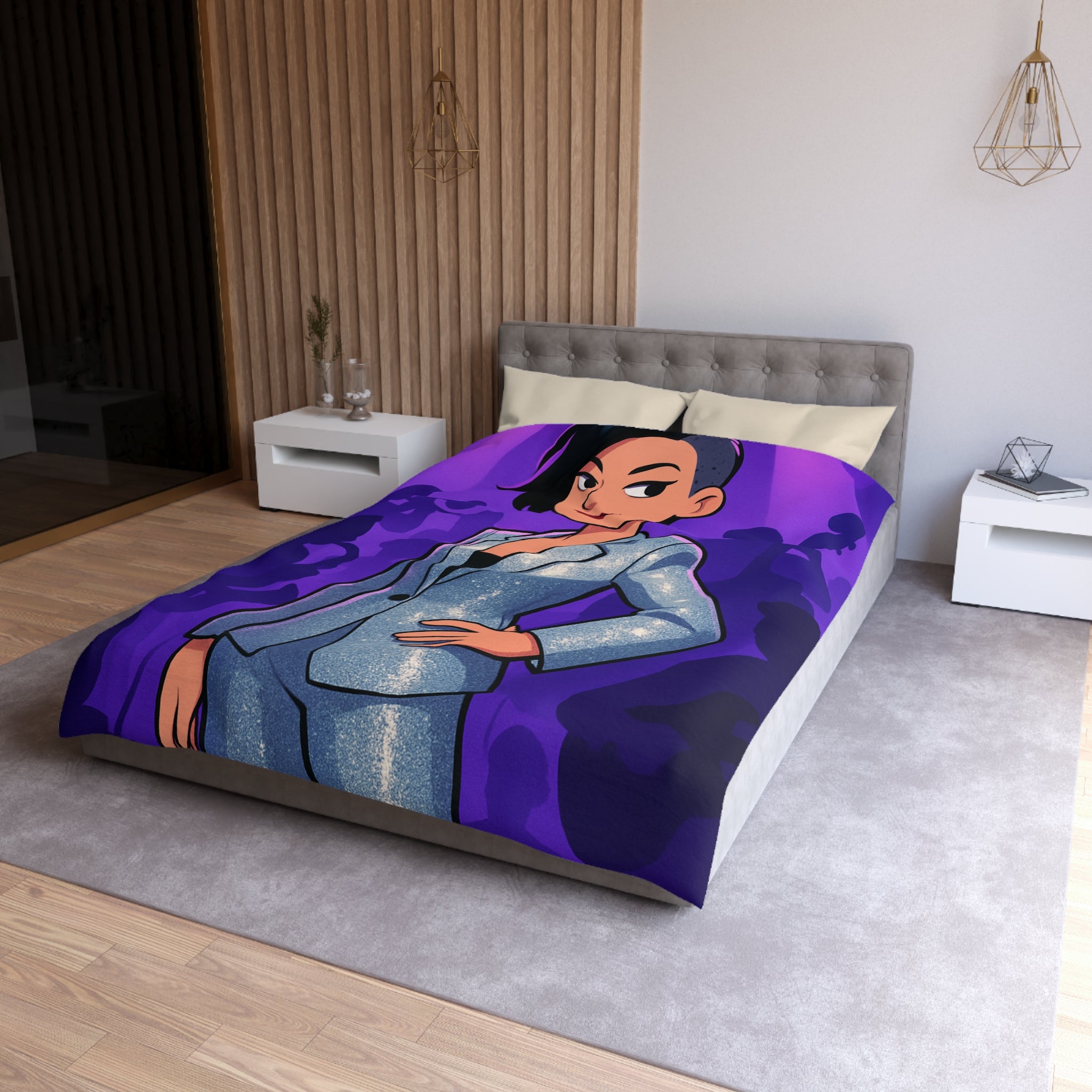 Housse de Couette Moderne avec Motif de Musicienne en Lumière Scintillante