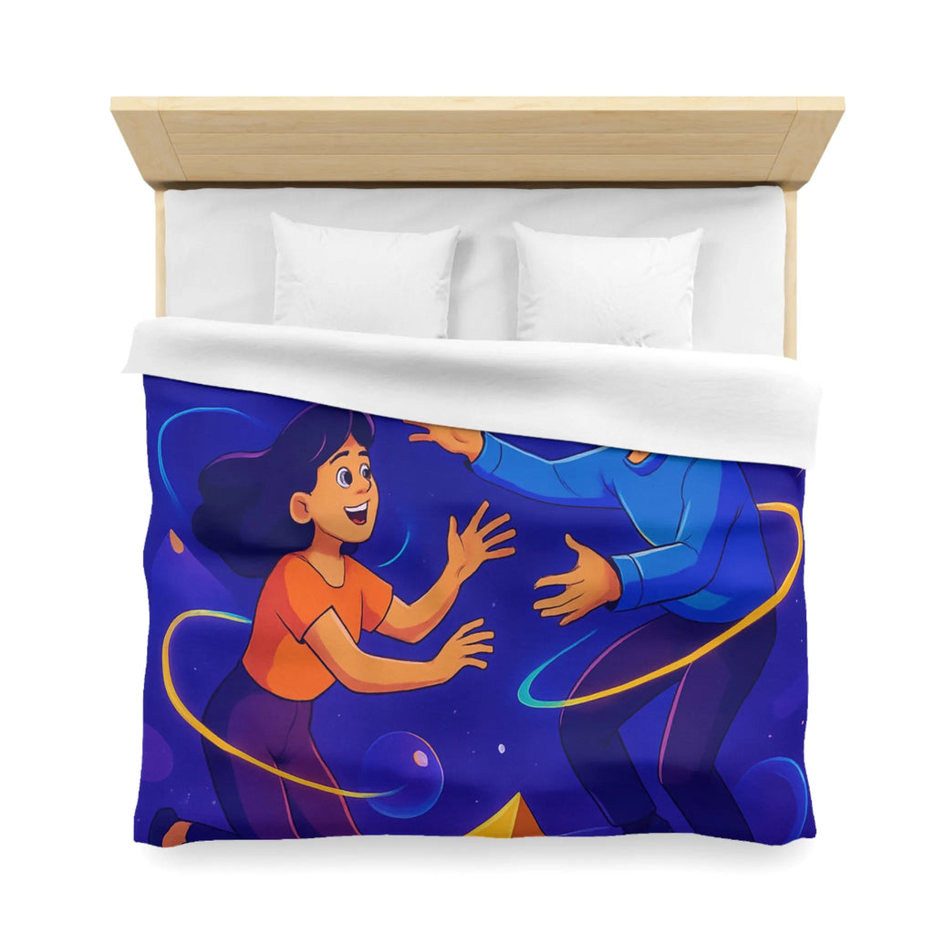 Housse de Couette Design Géométrique Magnifique avec Personnages Colorés et Éléments Spatiaux Vibrants