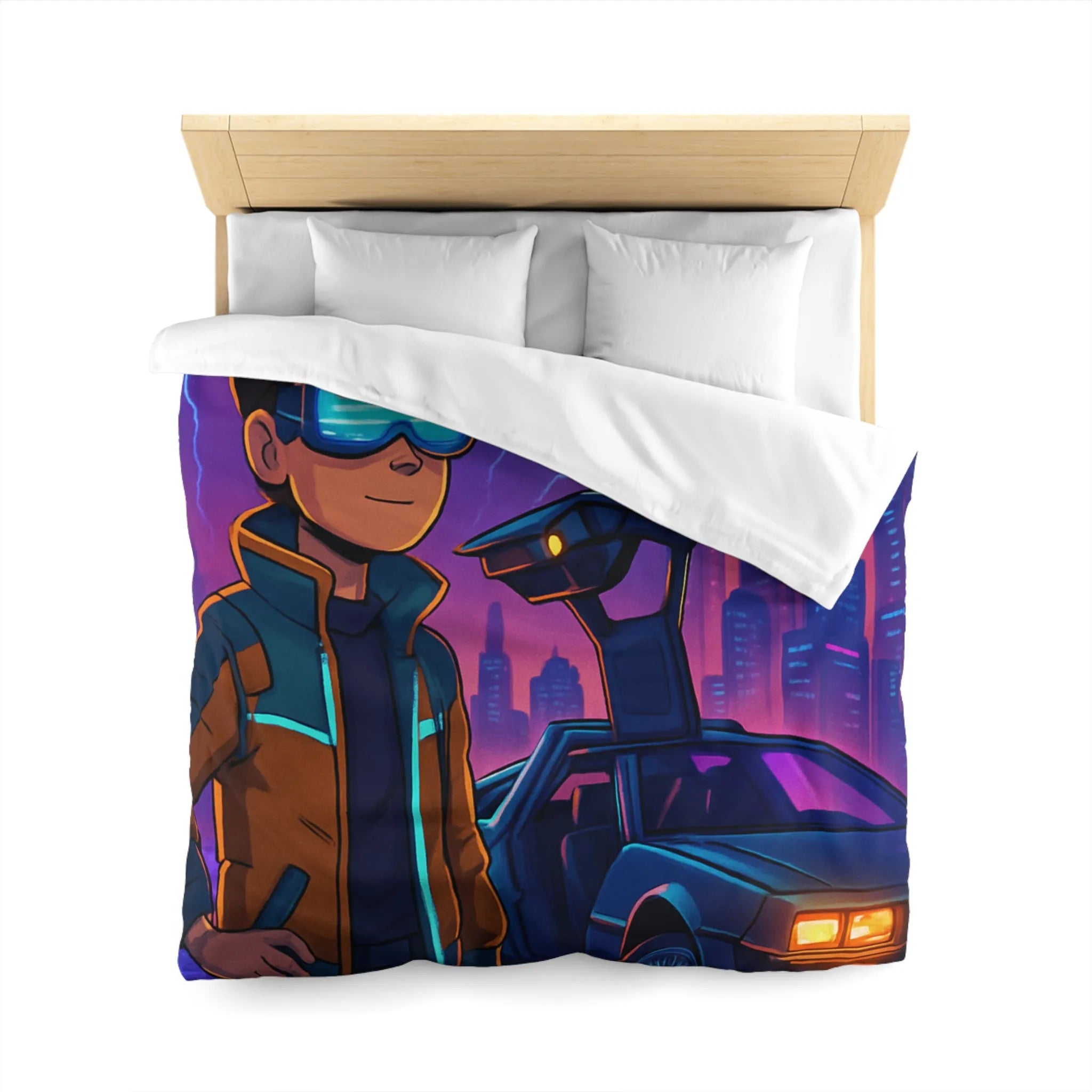 Housse de Couette Futuriste Style Rétro avec Éclair, Voiture et Jeune Garçon Aventureux