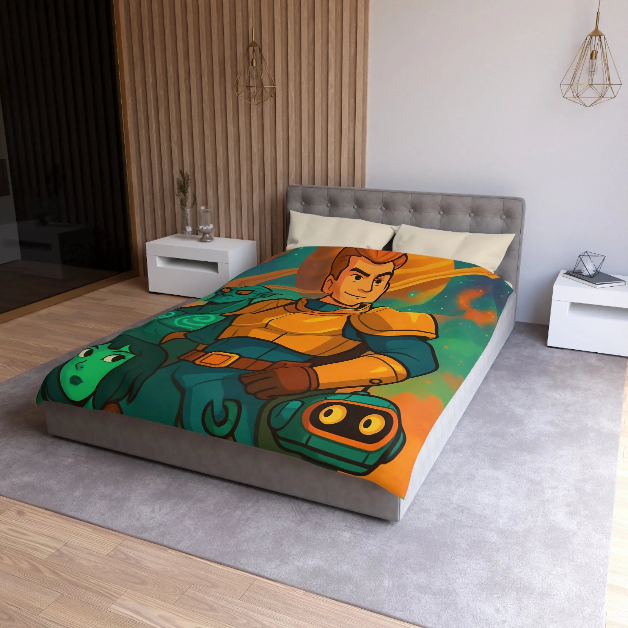 Housse de Couette Design Futuriste avec Héros de l'Espace et Planète Saturne