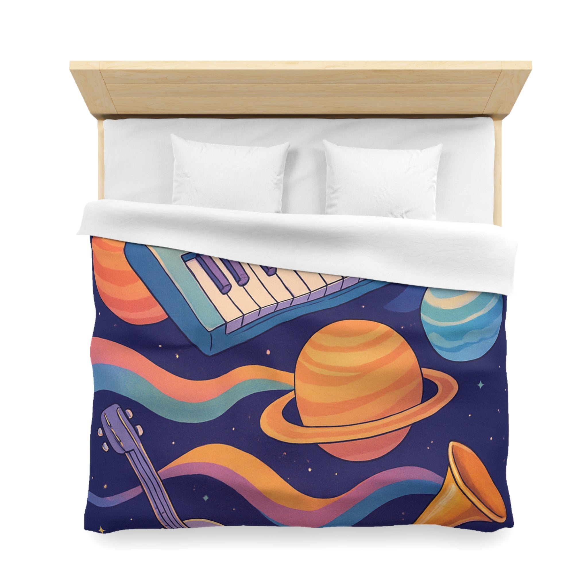 Housse de couette musicale colorée avec espace et instruments dans un univers imaginaire