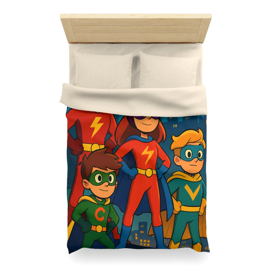 Housse de couette colorée super-héros pour enfants avec scène urbaine lumineuse et joyeuse