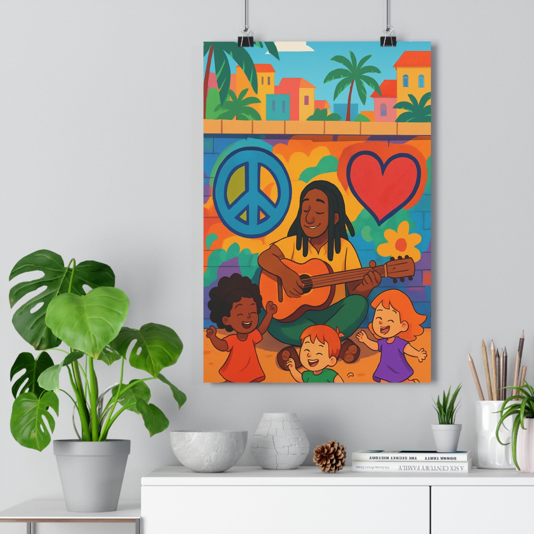 Poster décoratif illustration joyeuse bleu orange vert cartoon enfant chambre ambiance guitare qualité paix